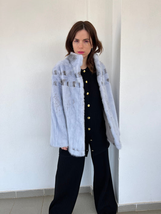 Baby Blue Mink Fur Jacket - High Collar, Handmade in Greece