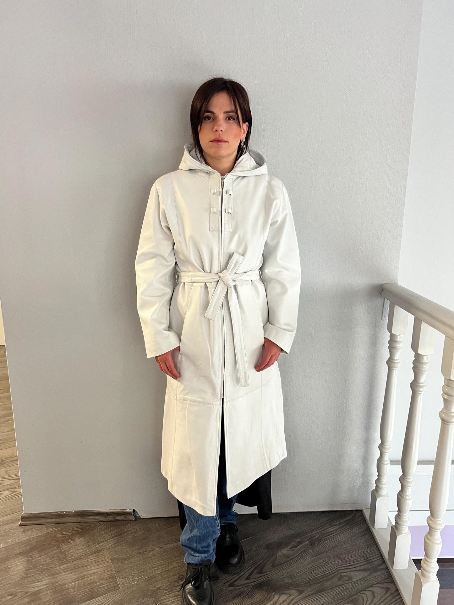 Handmade Nappa buttery Lambskin Leather Coat: Hooded Belted White Jacket
