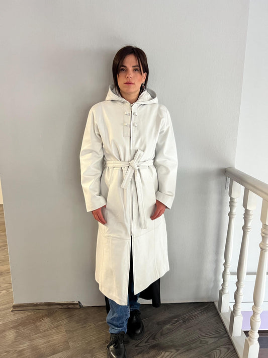 Handmade Nappa buttery Lambskin Leather Coat: Hooded Belted White Jacket
