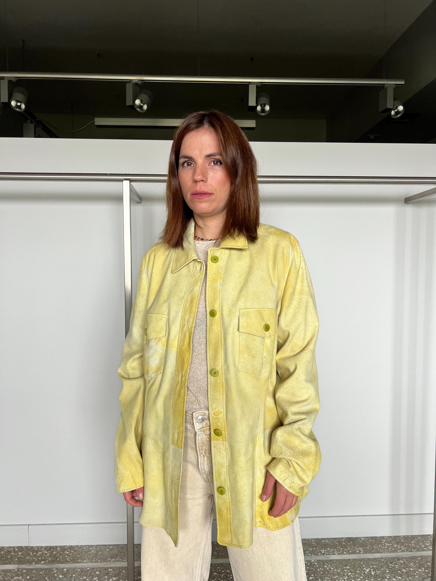 Lime suede leather distressed overshirt. Light genuinely leather: Handmade blazer with external pockets.