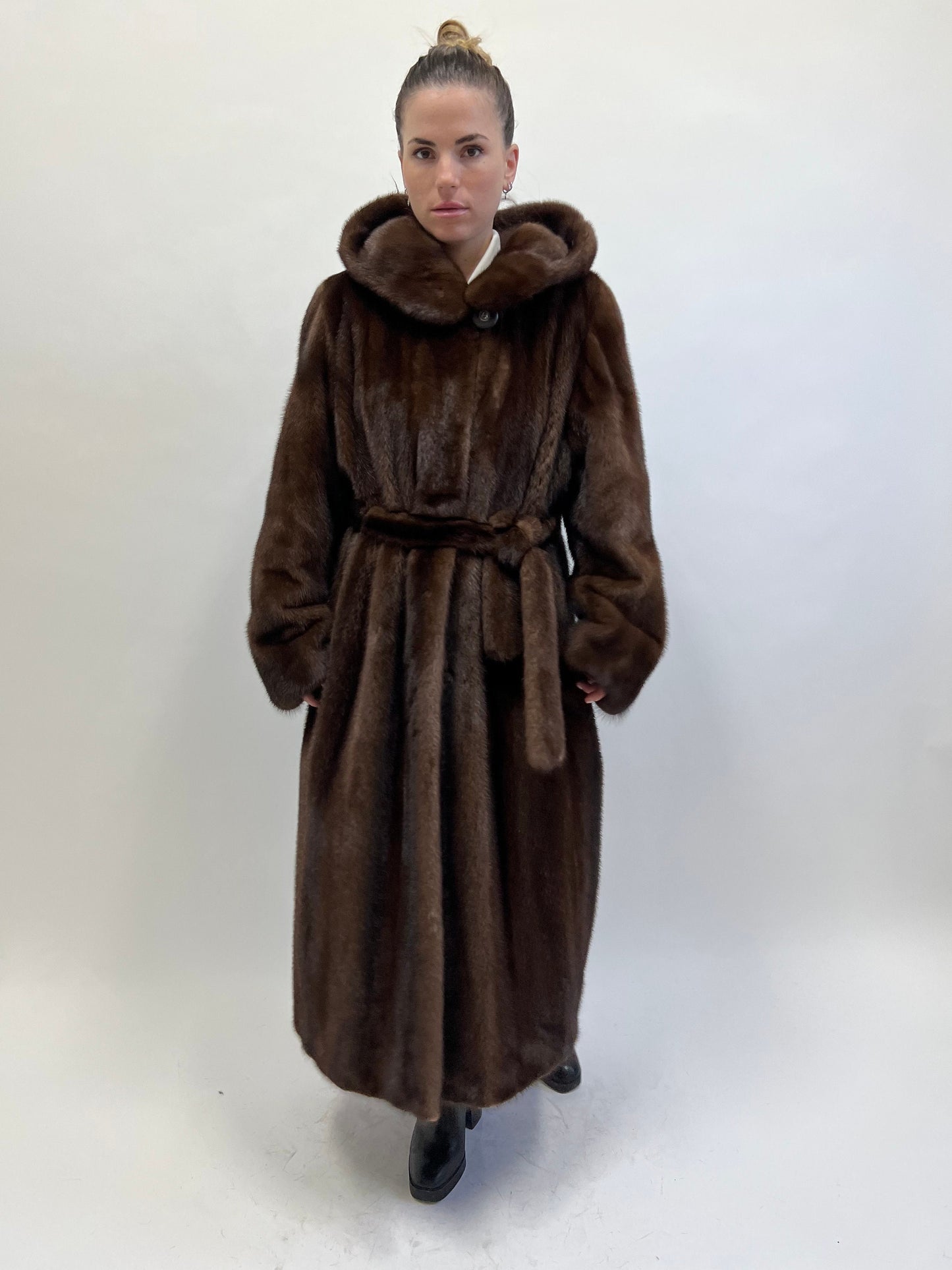 Brown Mink Fur Hooded Coat: Demi Buff Long Stroller, Belted