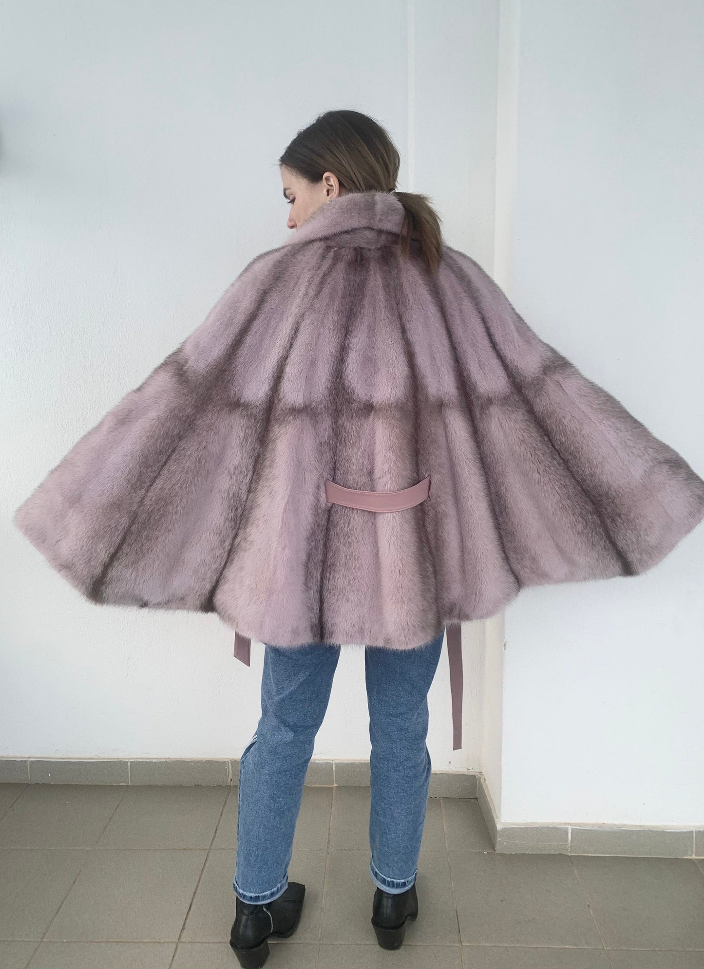 Pink & Black Cross Mink Fur Cape with Leather Belt