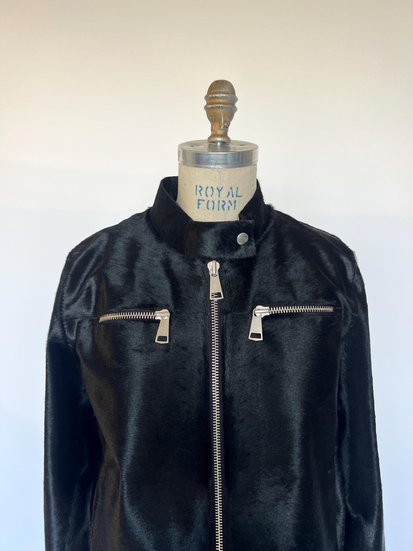 Genuine Hair-On Leather collarless Jacket: Black Calf Fur Coat, Handmade in Greece