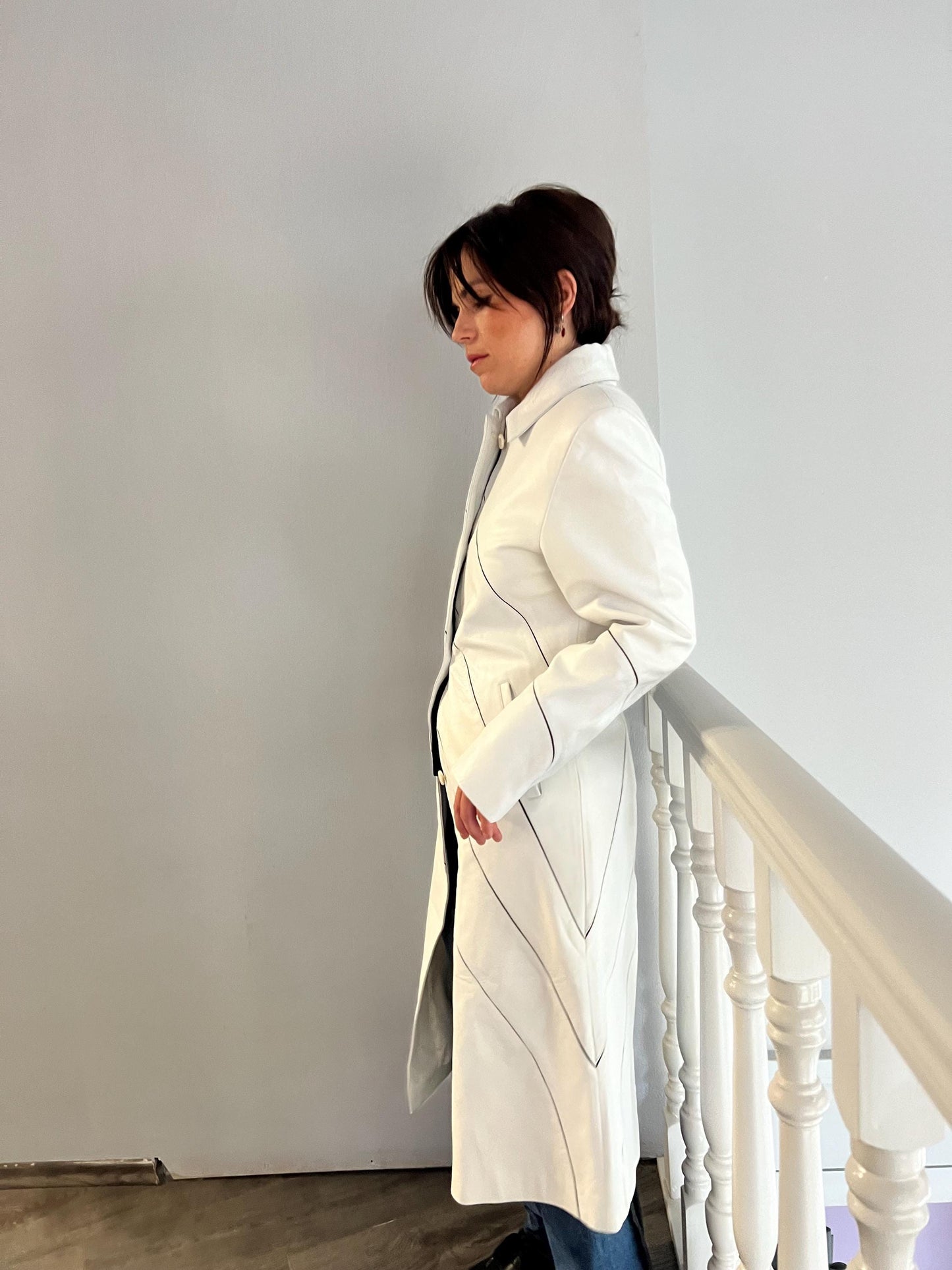 Handmade Nappa Lambskin Leather Coat: White Fitted Silhouette, Made in Greece