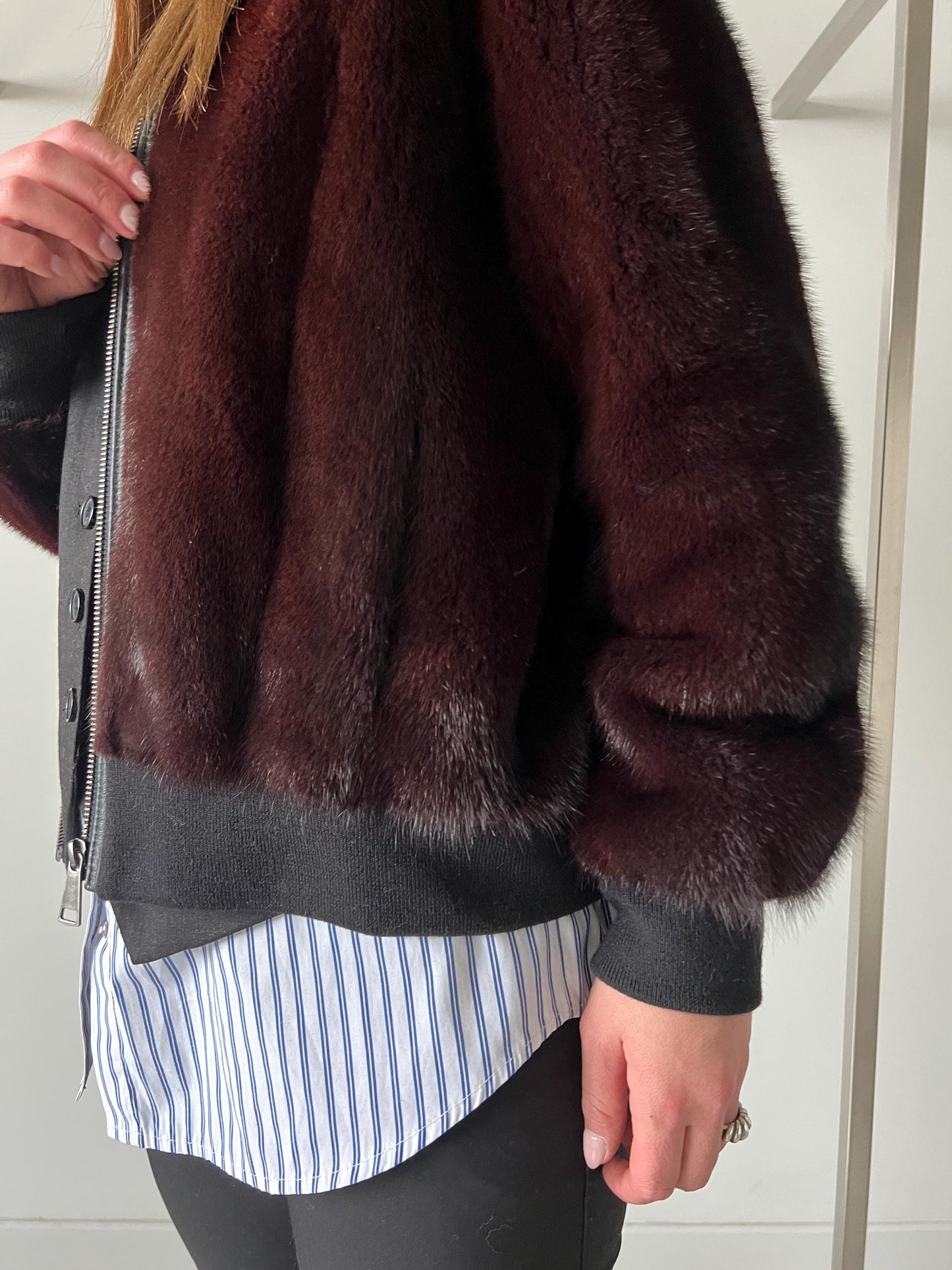 Burgundy Mink Fur Bomber Jacket: Elastic Hem, Silky Lining