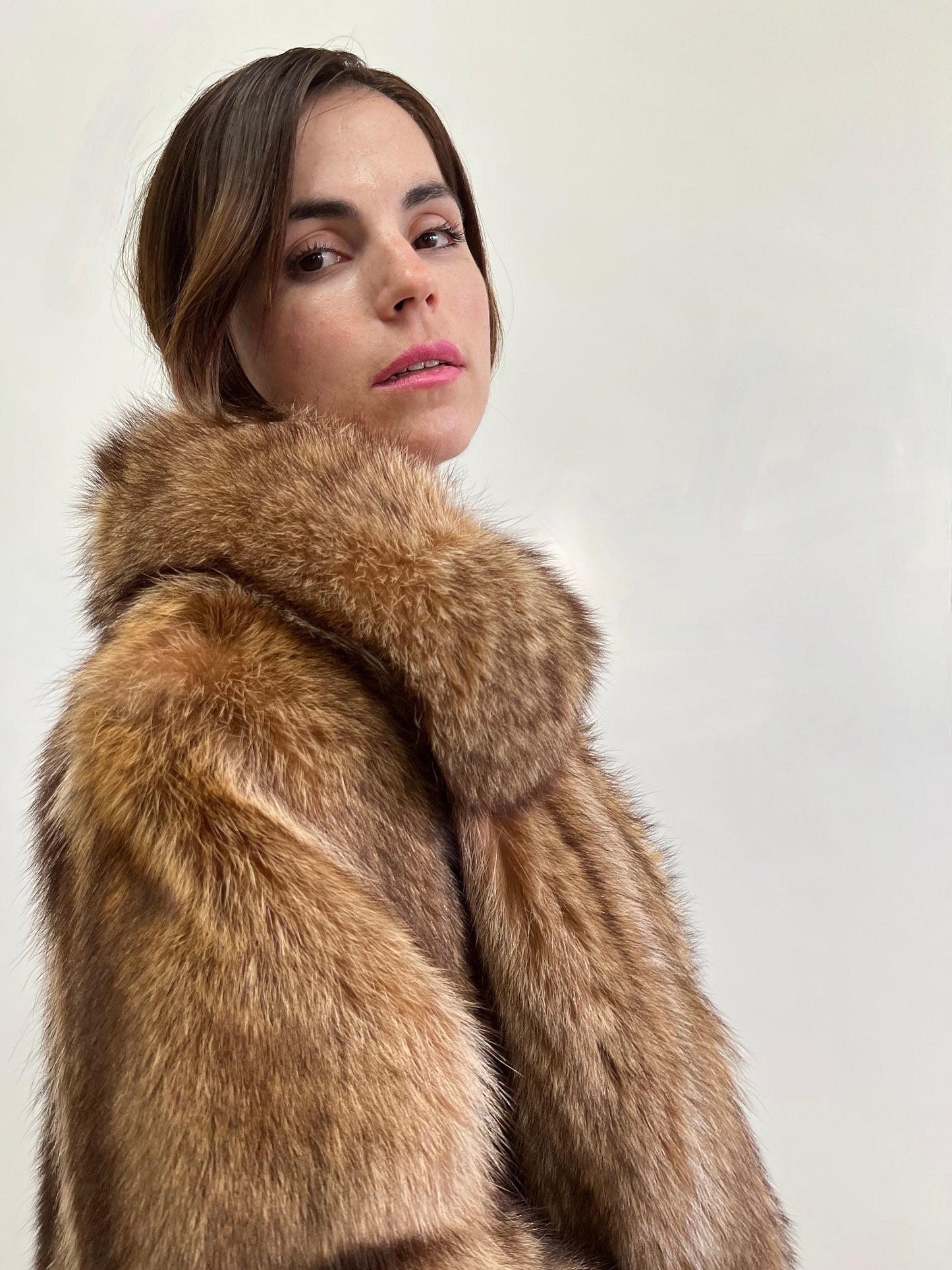 Real Crystal Raccoon Fur Coat: Tan Brown Full Length Godet, Big Collar