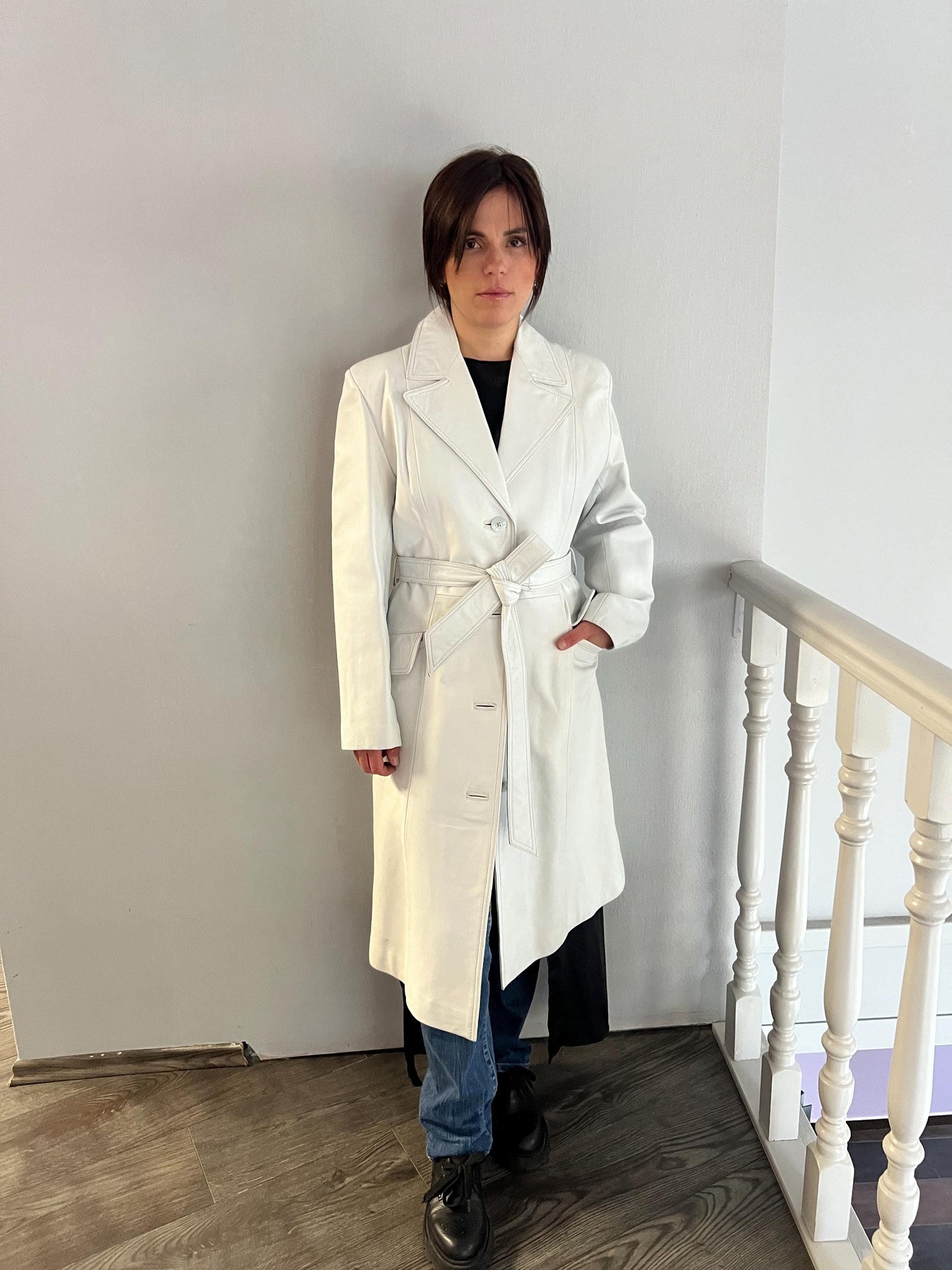 Handmade Nappa Lambskin Leather Coat: White Wrap Belted Jacket