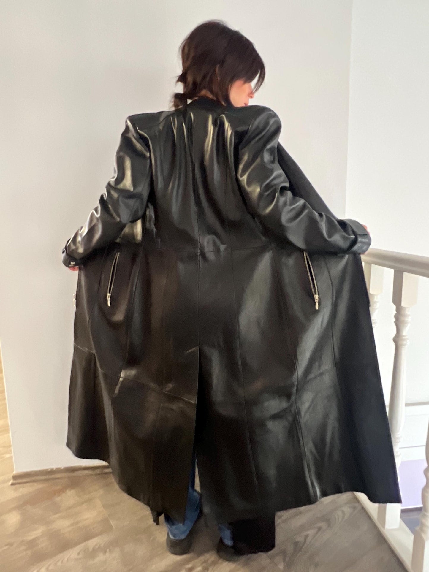 Handcrafted buttery Nappa Leather Coat with zippers and belt: Full Length Black Overcoat.
