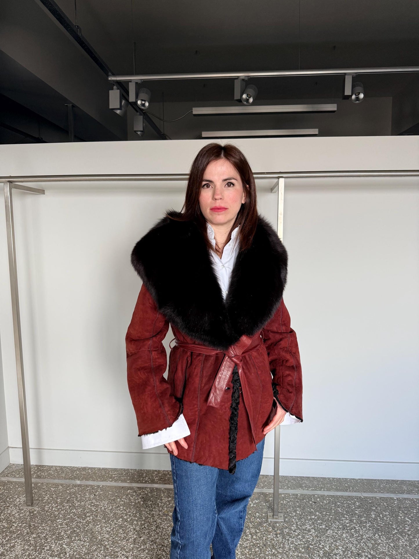 Reversible Shearling Suede Jacket with Fox Collar, Leather Belt, Made in Greece
