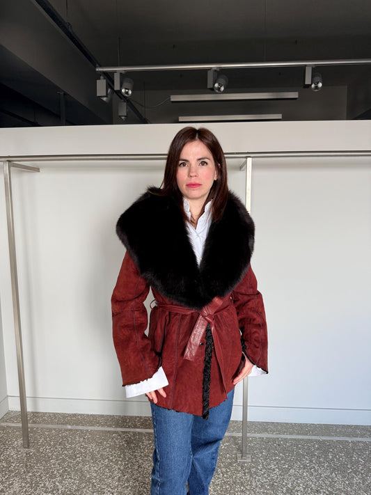 Reversible Shearling Suede Jacket with Fox Collar, Leather Belt, Made in Greece