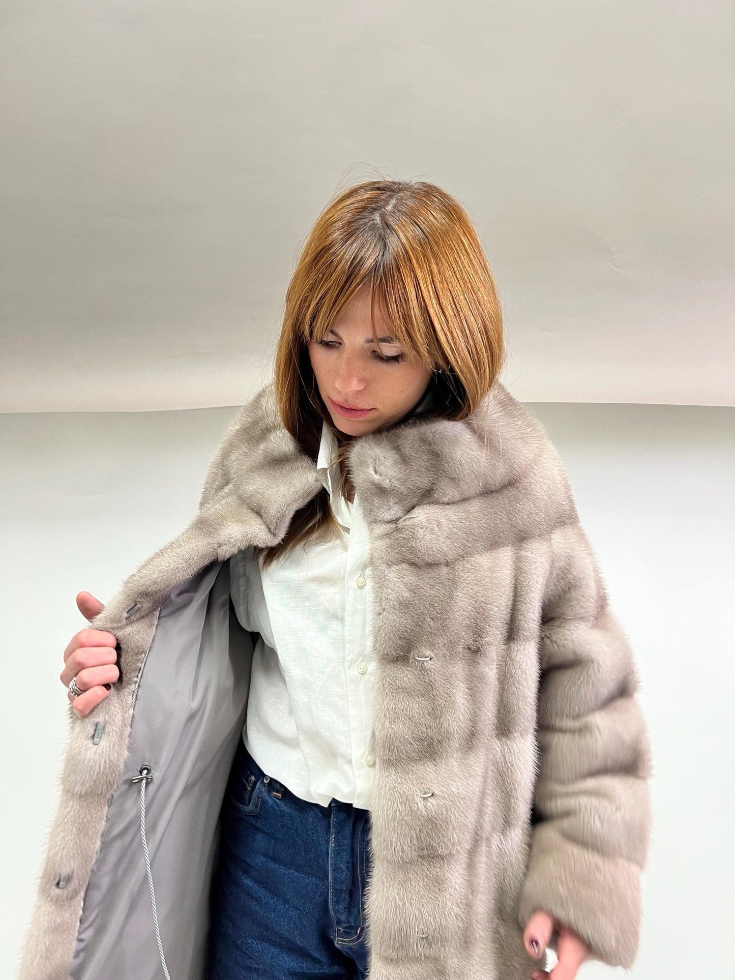 Real Silver Mink Fur Stroller Coat, High Collar - Size Small/Medium
