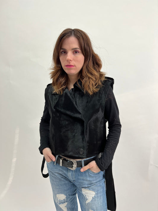 Hair-On Hide Leather Vest: Genuine Cavallino Fur, Belted Utility Vest