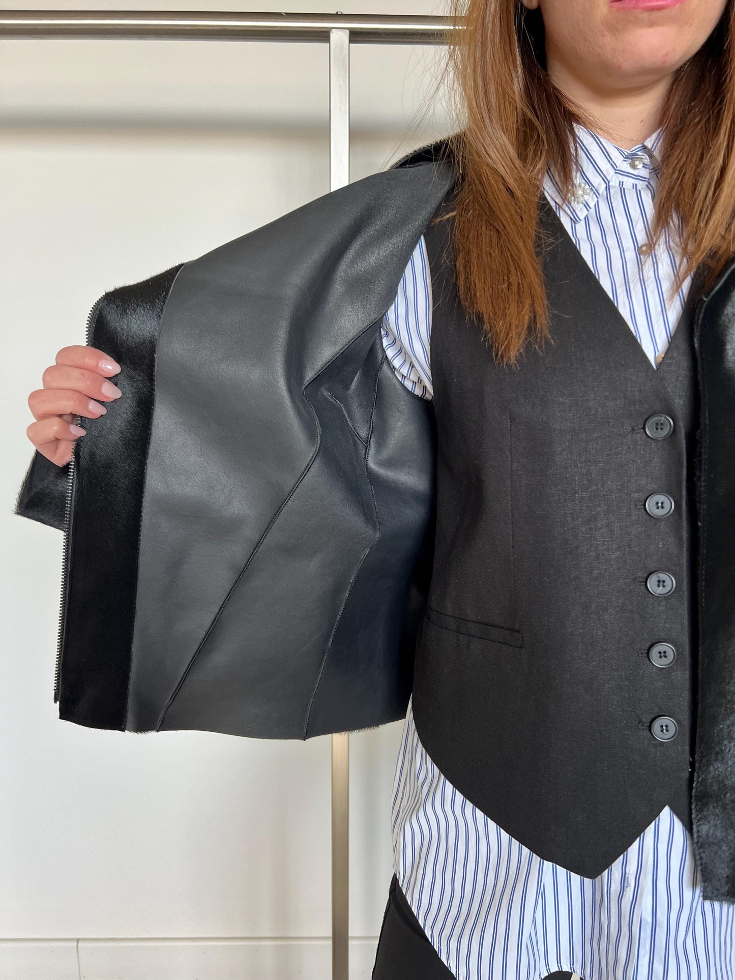 Genuine Hair-On Leather Coat: Black Cavallino Calf Jacket with Hood