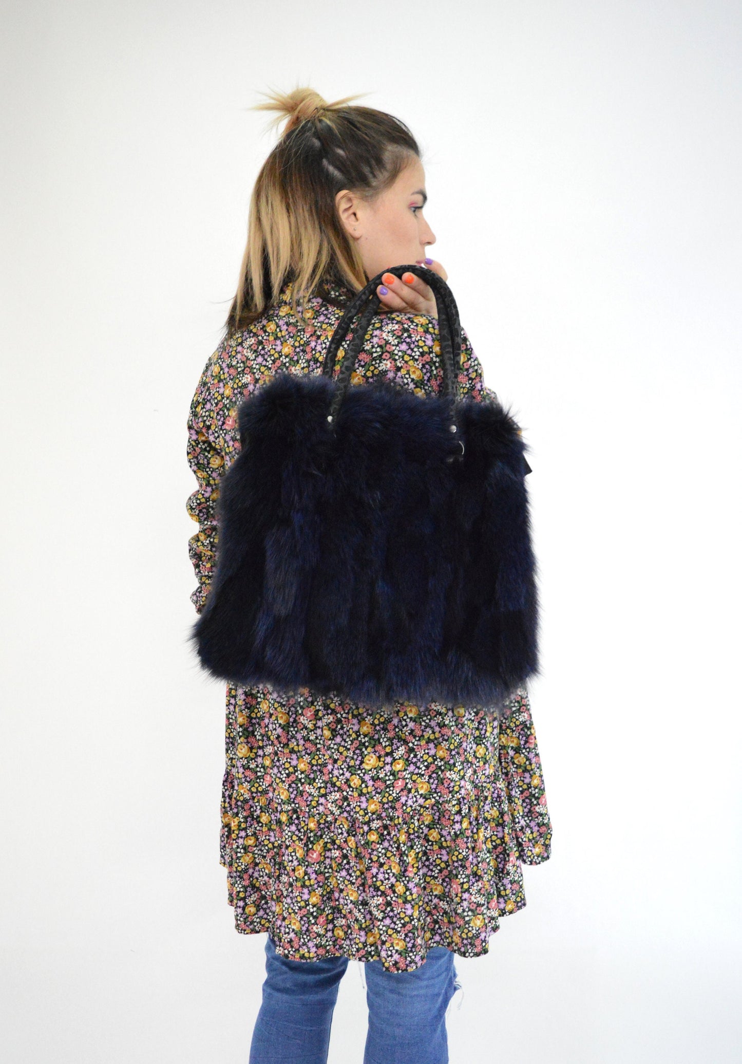 Navy Fox Fur Tote Bag: Handmade Leather Shoulder Bag