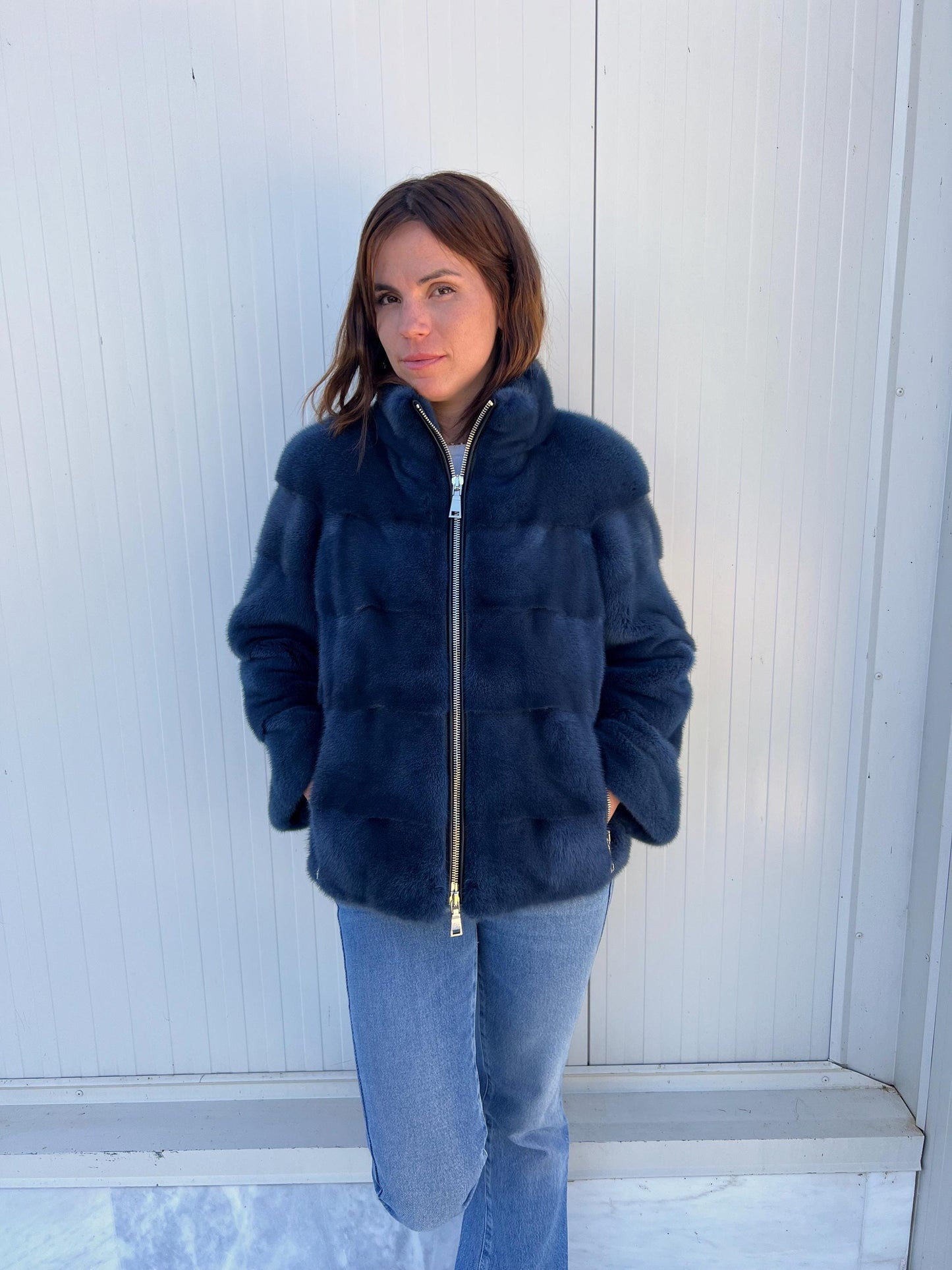 Handmade denim Blue Mink Fur Jacket: Velvet Blazer with Stand Up Collar