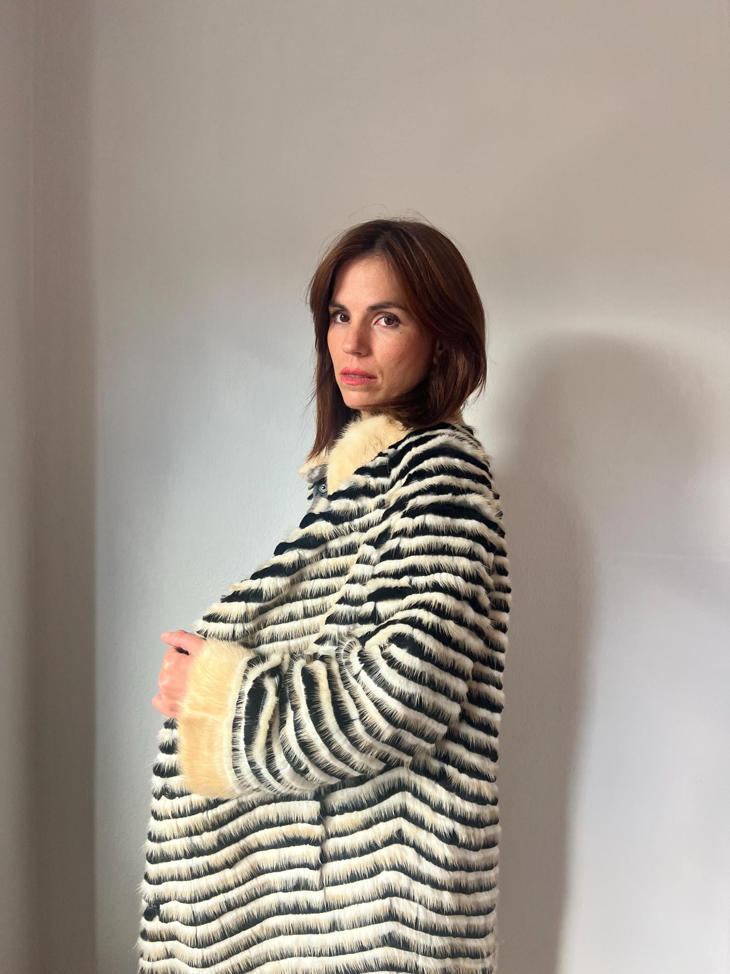 Handwoven Mink Fur Coat: Beige & Black Wool Lined Jacket