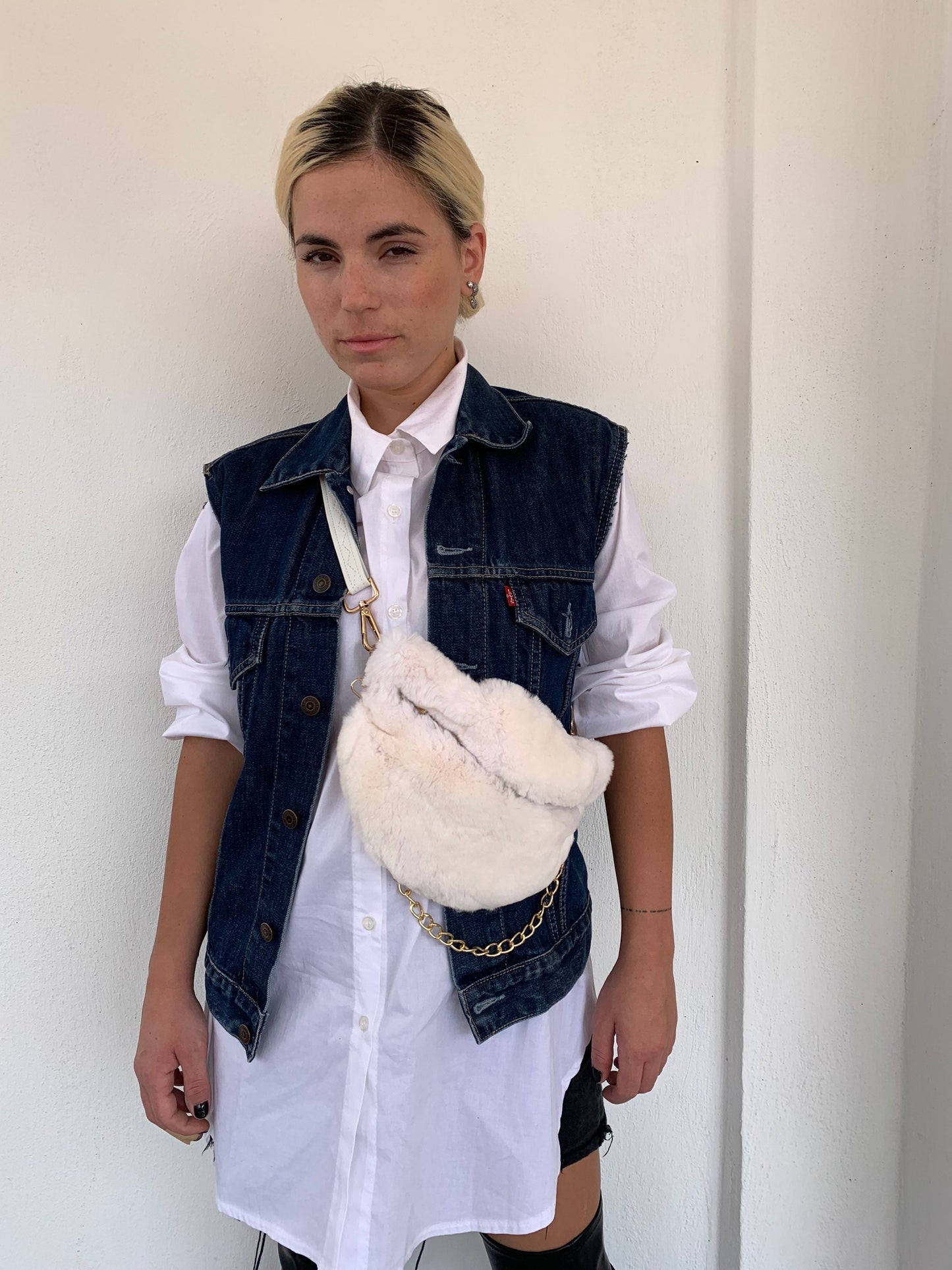 White Rabbit Fur Bumbag with Chain: Luxury Fanny Bag