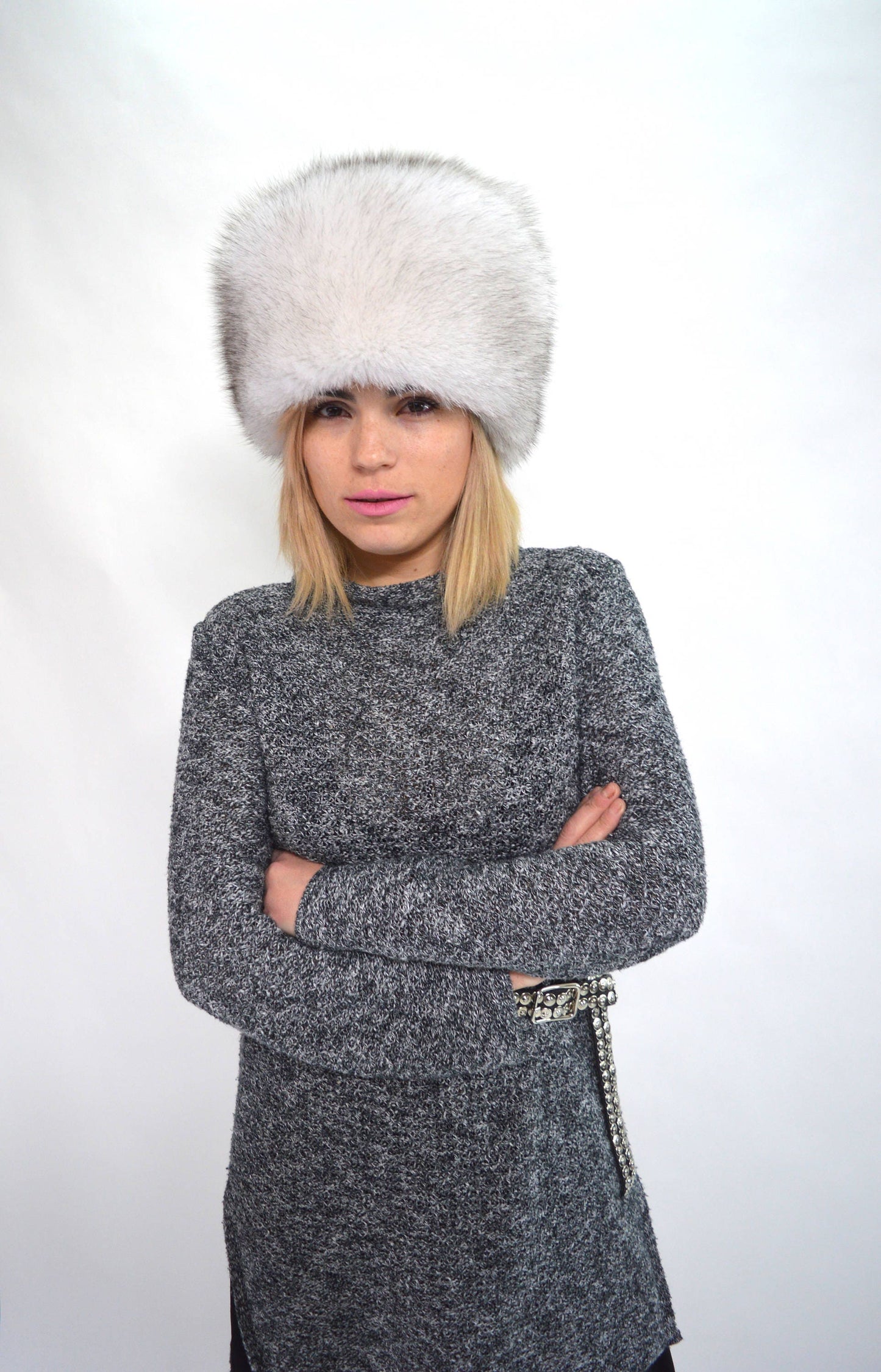 Blue Fox Fur Cossack Hat, Winter Fluffy Head Warmer