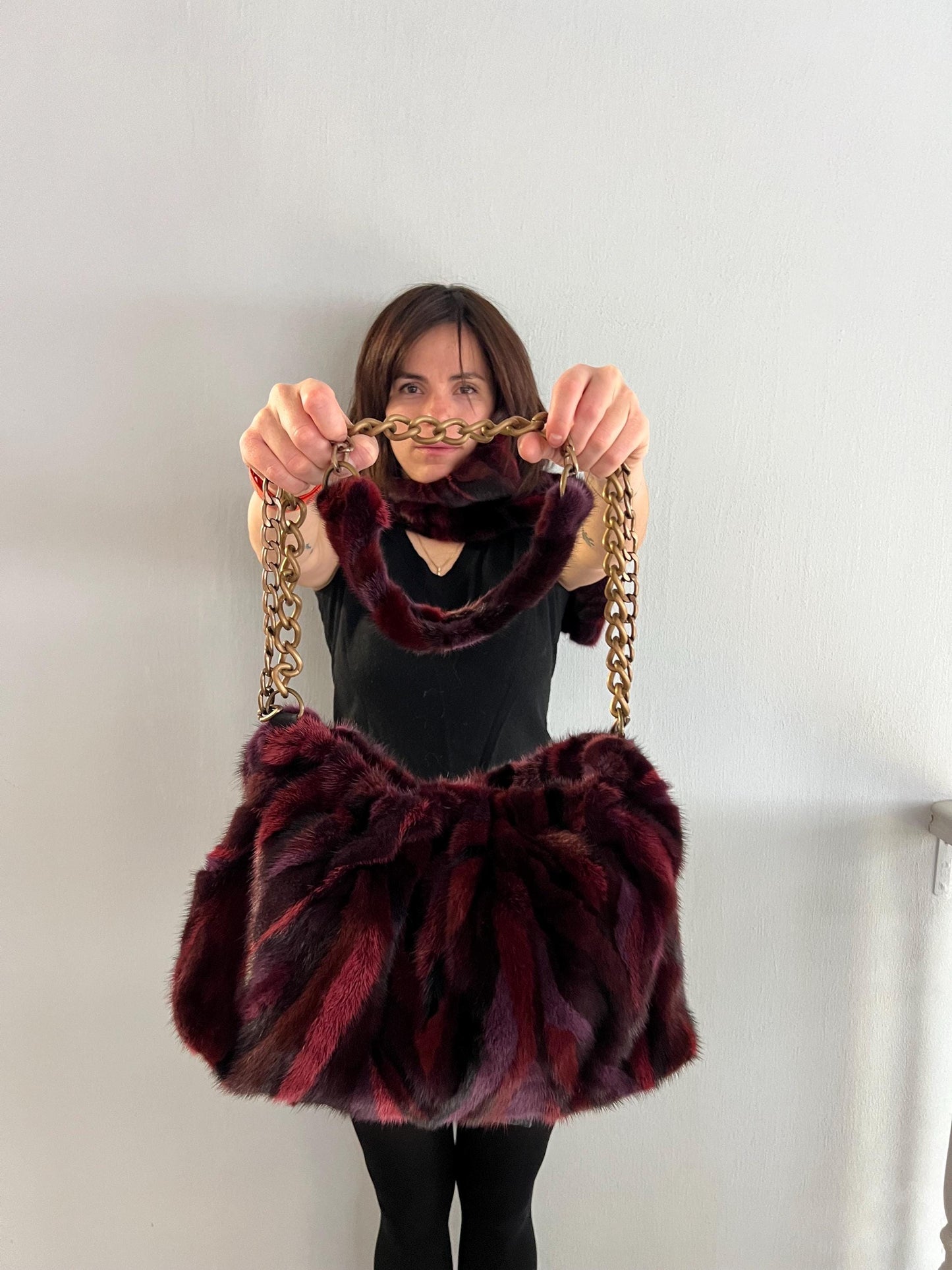 Handmade Mink Fur Slouchy Shoulder Bagin Burgundy : Luxury Cross-body Purse in army shades.