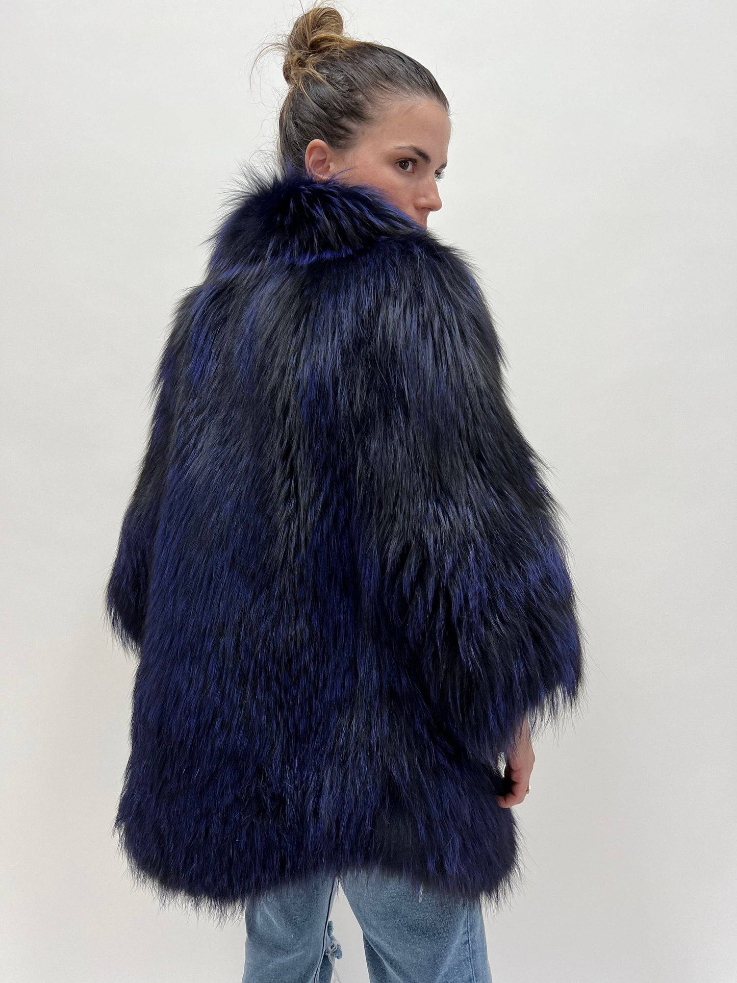 Real Navy Blue Fox Fur Coat: Luxury Women's Stroller, Size Large