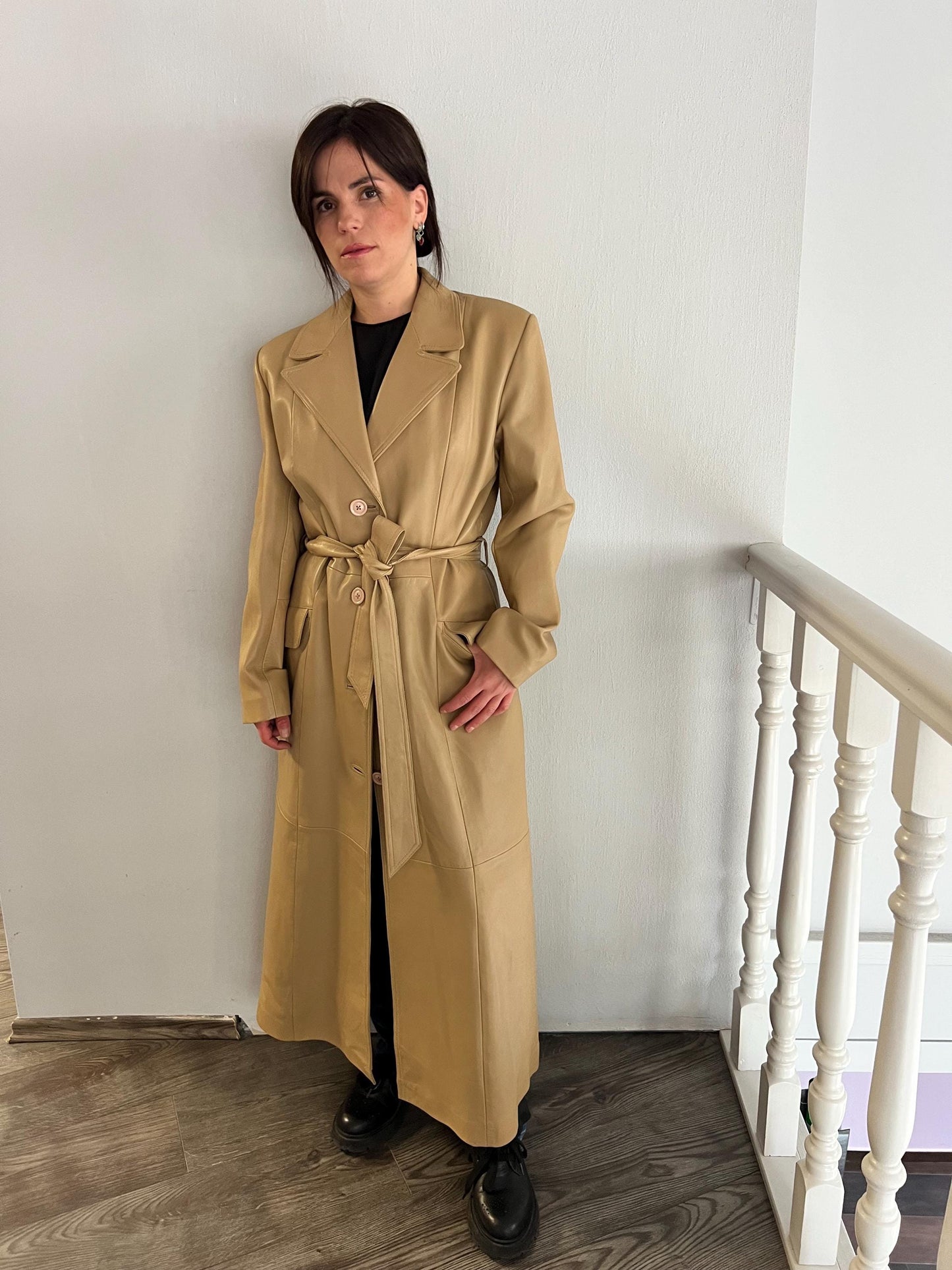 Handmade Nappa Lamb buttery  Leather Coat: Genuine Camel Leather Tie-Wrap, Made in Greece