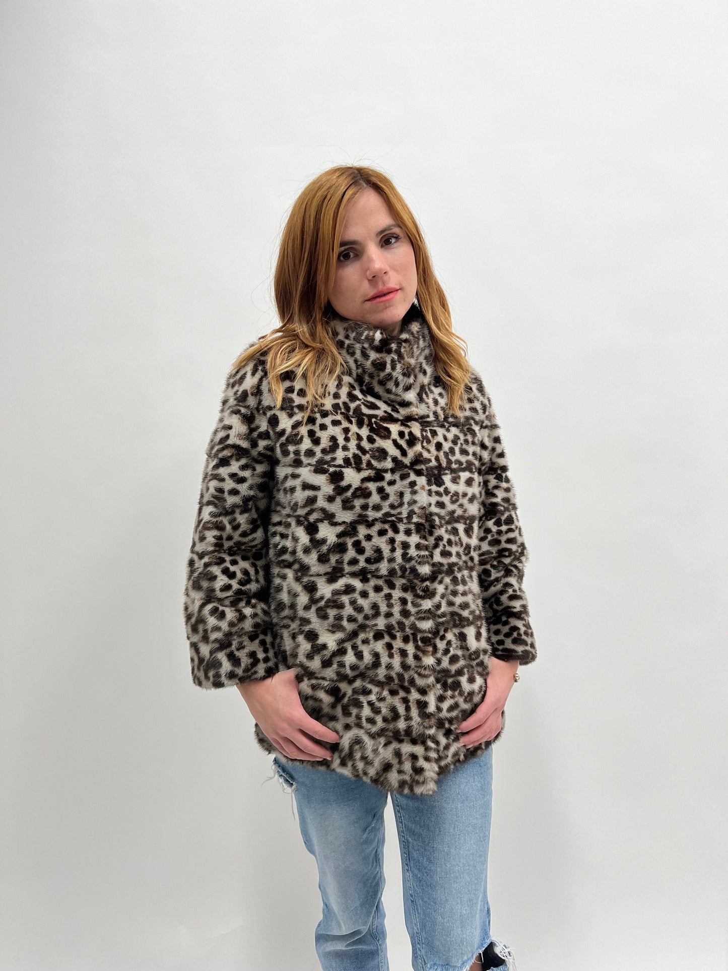 Leopard Print Mink Fur Jacket: Animal stamp Brown Full Skin Coat
