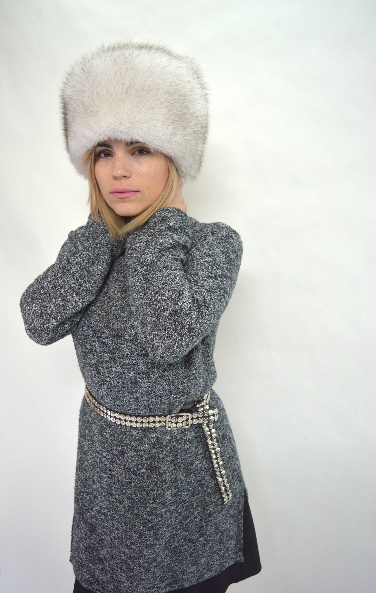 Blue Fox Fur Cossack Hat, Winter Fluffy Head Warmer