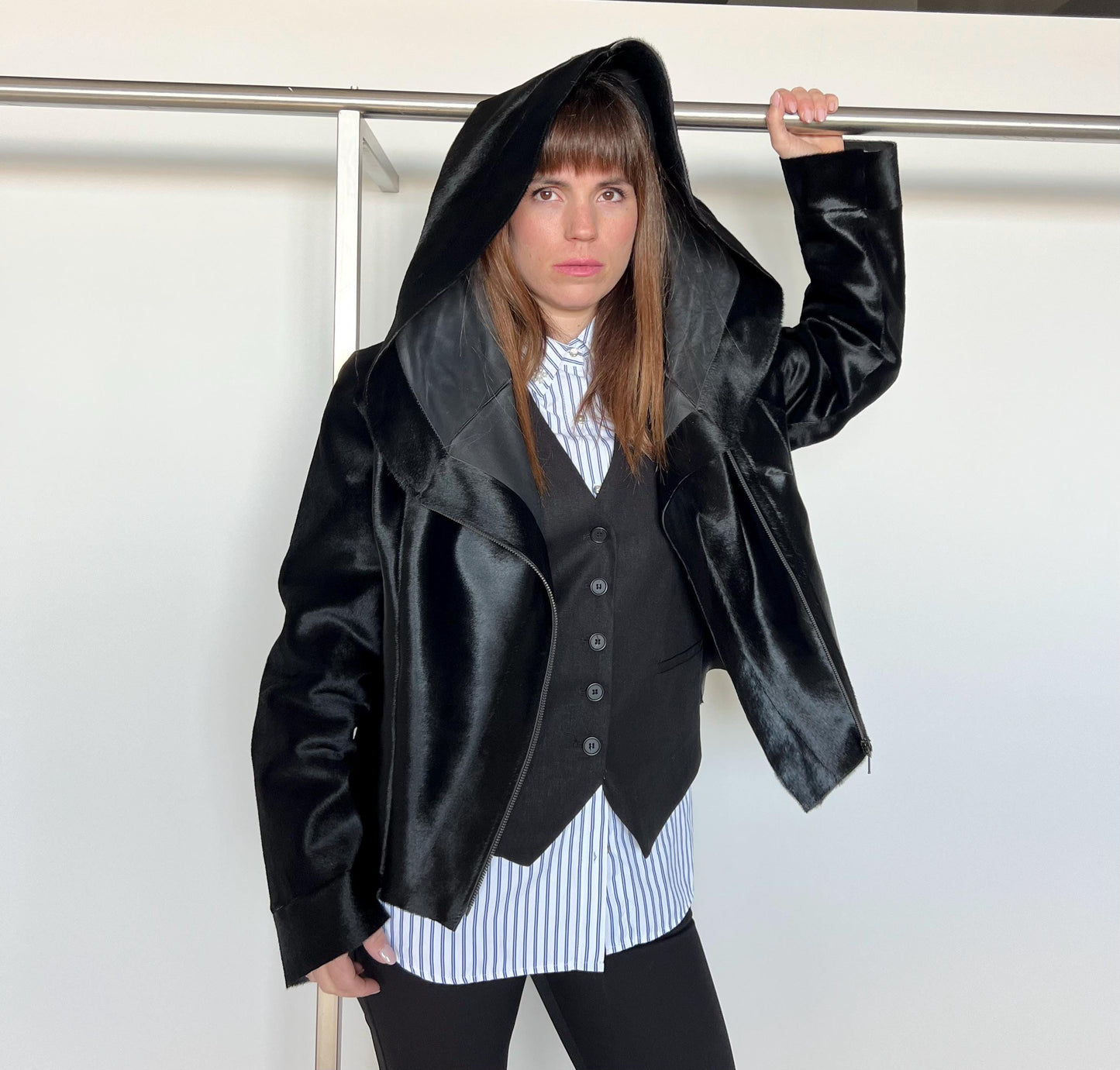 Genuine Hair-On Leather Coat: Black Cavallino Calf Jacket with Hood