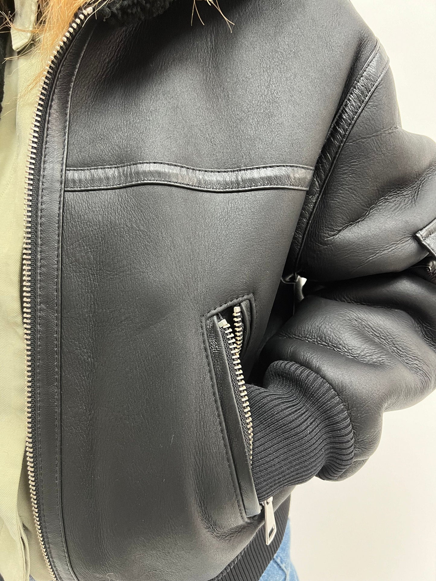 Black Shearling Fur Bomber Jacket: Nappa Leather Trim, Handmade in Greece