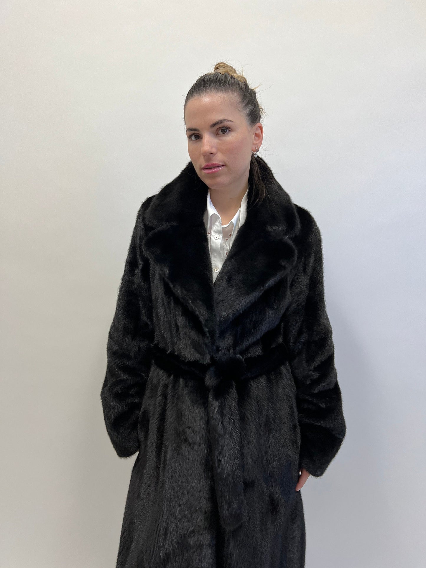 Handmade Black Mink Fur Long Coat: Belted Luxury Outerwear