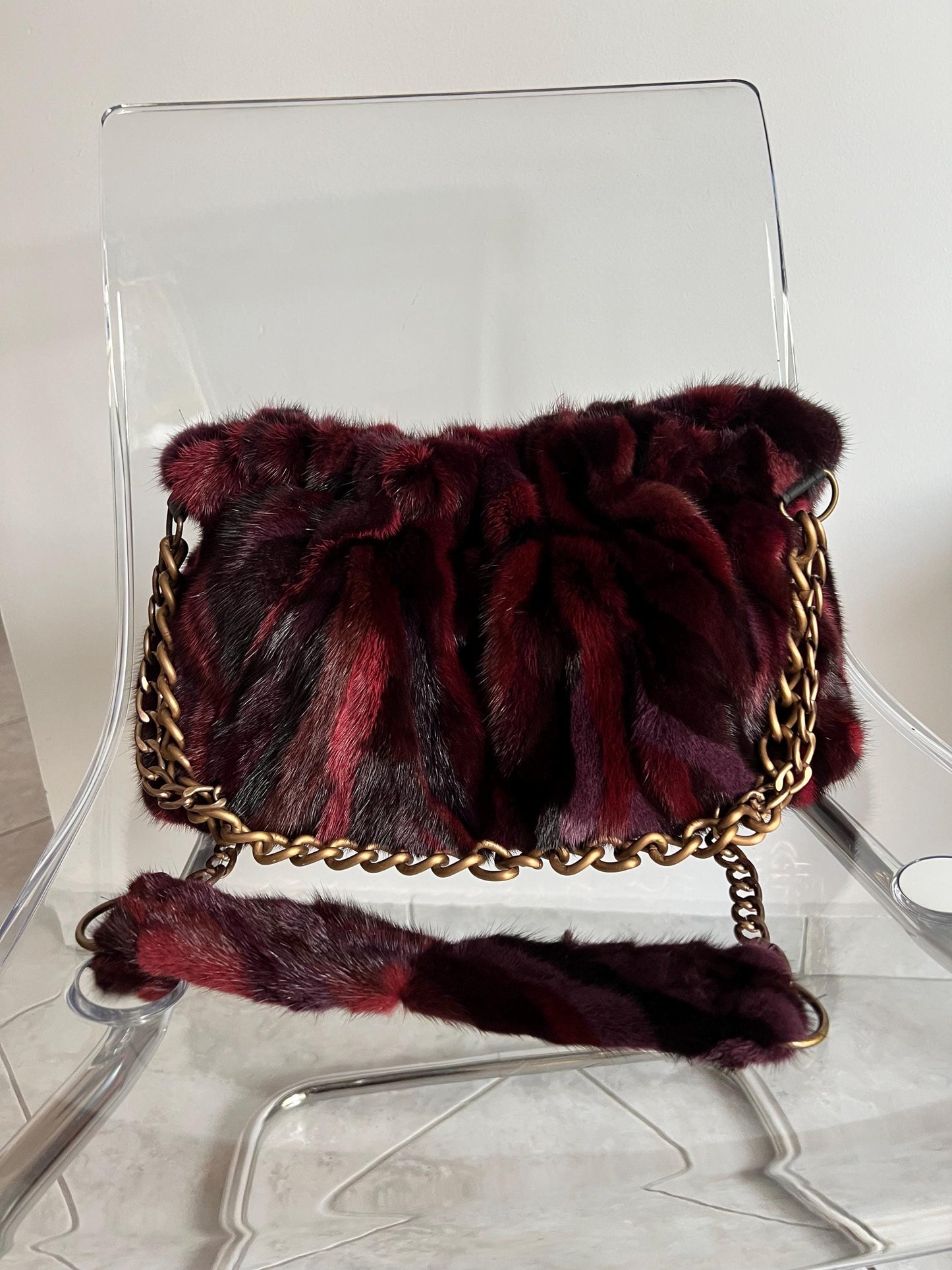 Handmade Mink Fur Slouchy Shoulder Bagin Burgundy : Luxury Cross-body Purse in army shades.
