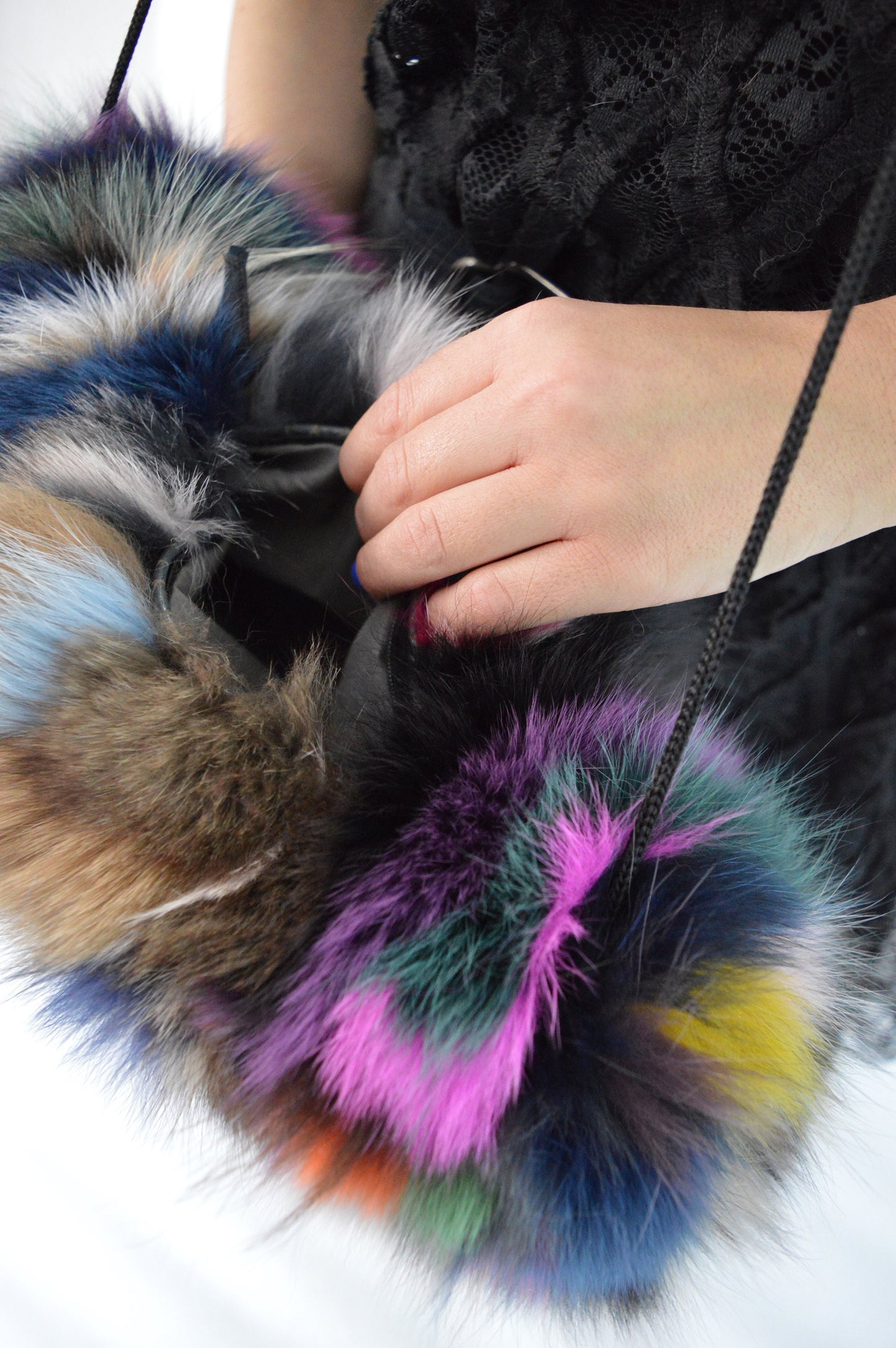 Multicoloured Fox Fur Hand Muff: Luxury Warmer with Pocket