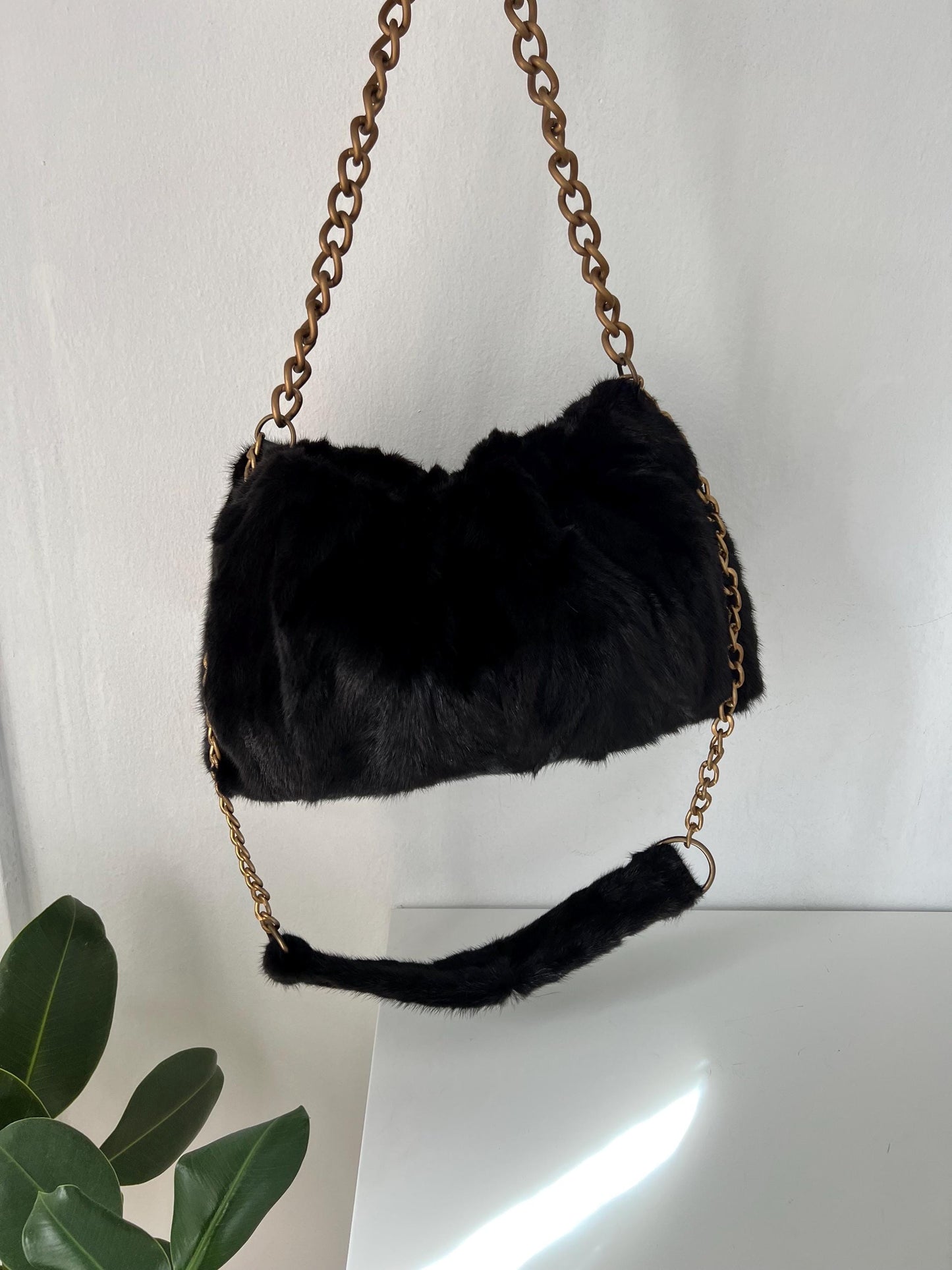 Handmade Mink Fur Shoulder Bag: Black Slouchy Pouch with Bronze Straps