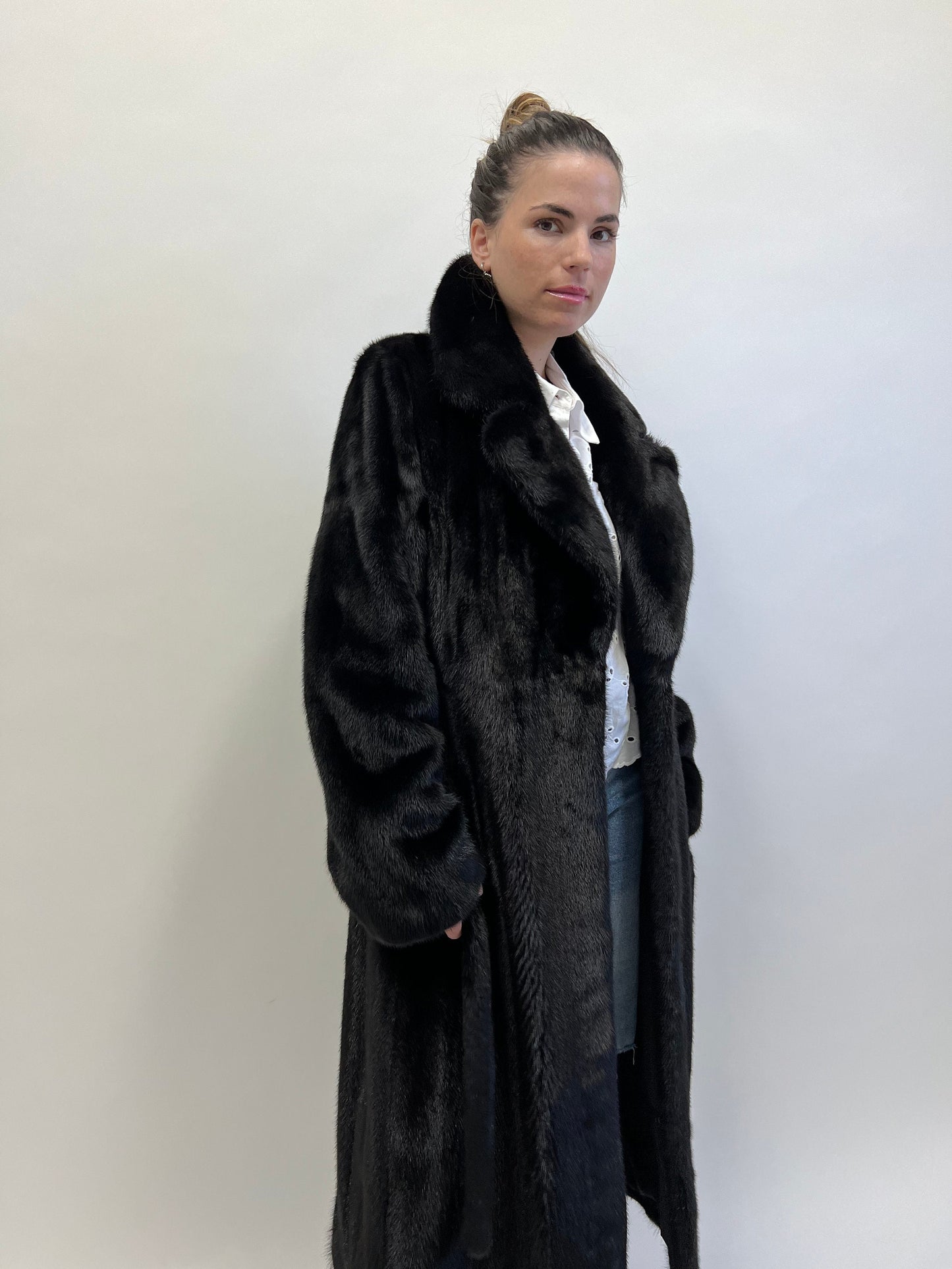 Handmade Black Mink Fur Long Coat: Belted Luxury Outerwear