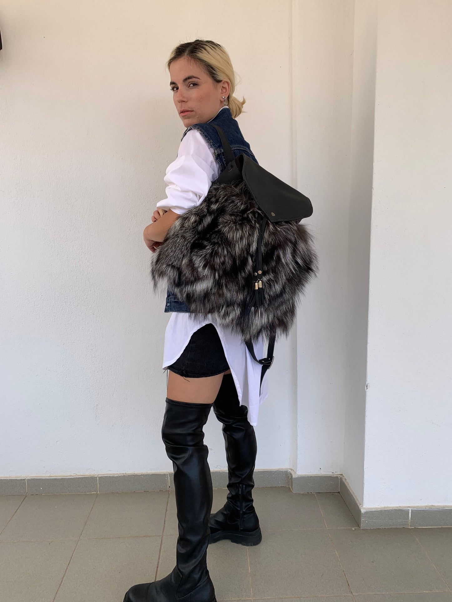 Real Leather & Silver Fox Fur Backpack: Adjustable Straps