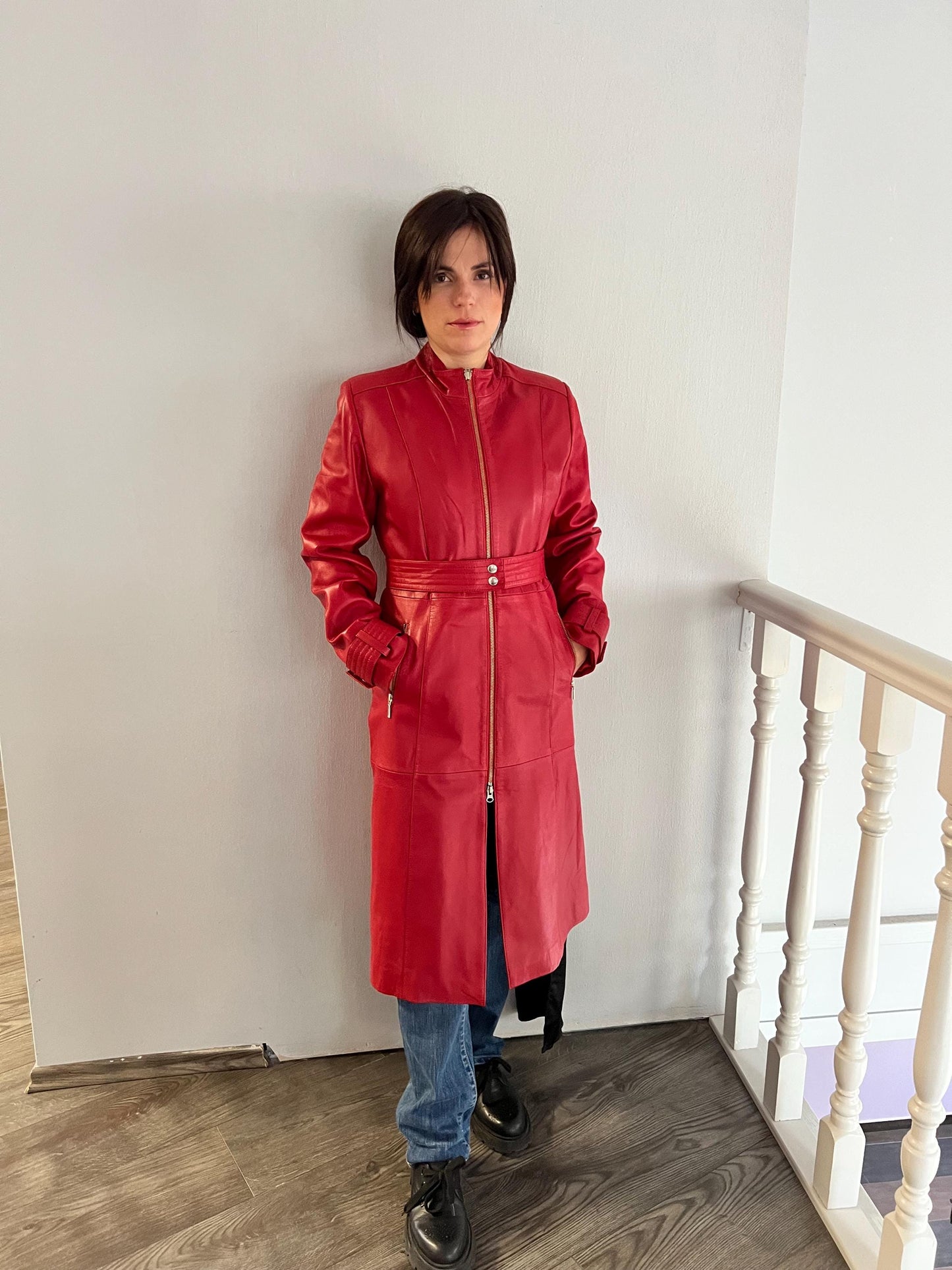 Handmade Red buttery Nappa Lambskin Leather Coat: Belted Warm Lining