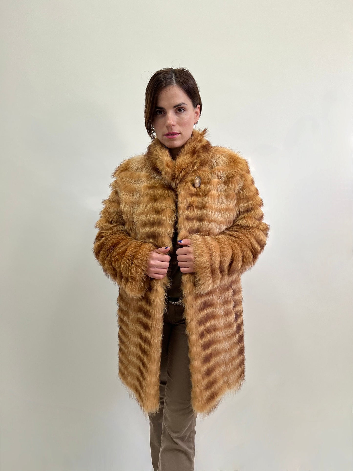 Real Raccoon Fur Coat: Camel Brown Leather Trim