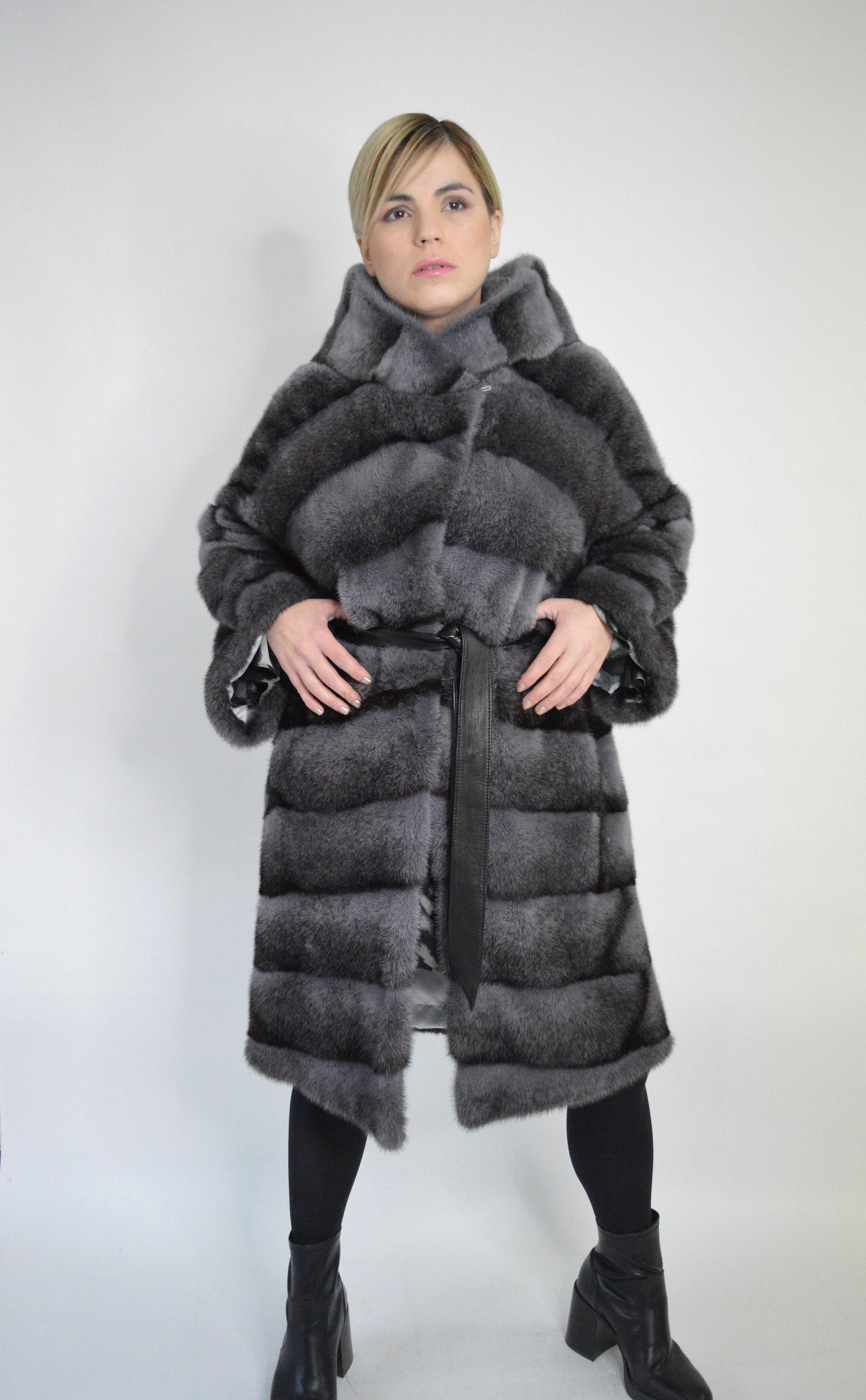 Gray Mink Fur Kimono Coat: Hooded Black Cross Dyed Stroller,oversized with Leather Belt