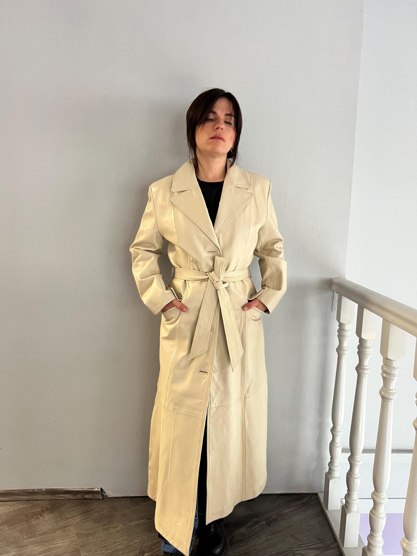 Handmade Nappa battery Lamb Leather Coat: Genuine Camel Leather, Tie Wrap