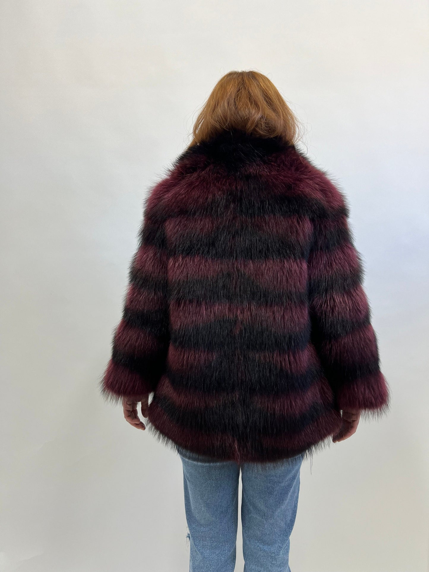 Burgundy Raccoon Fur Jacket: Leather Trim, Warm Winter Coat