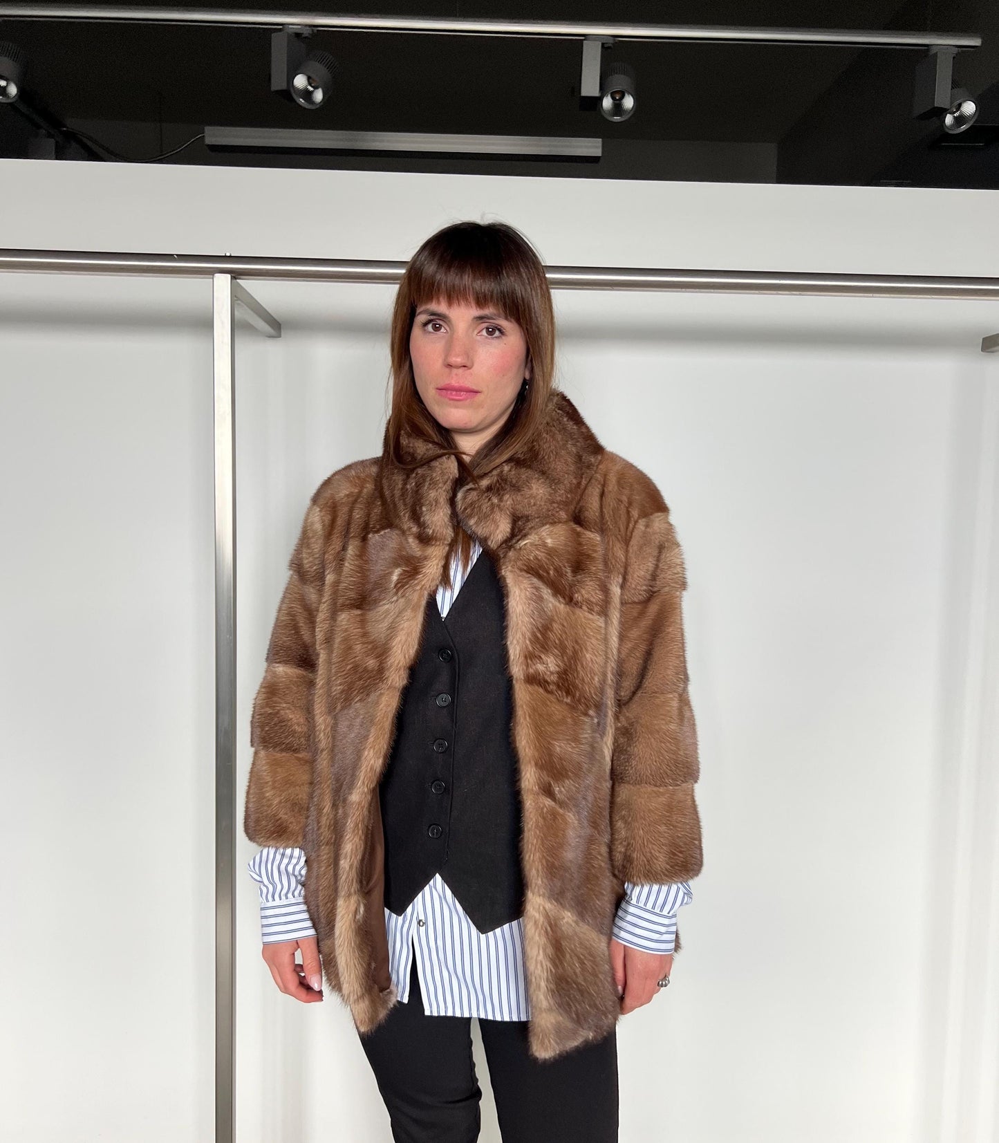 Mink Fur Collared Cappuccino Jacket - Handmade Luxury Fur Gift