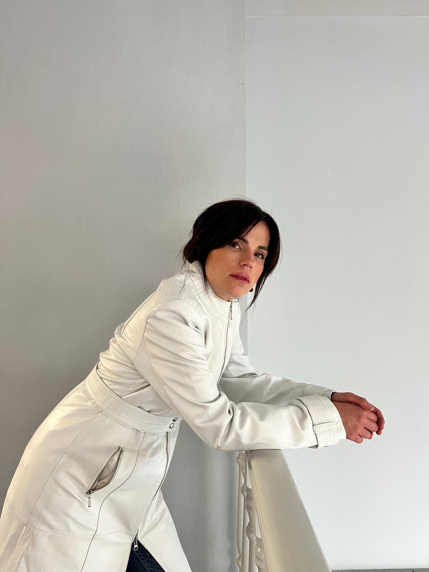 White Nappa Lambskin Leather Coat - Handmade Belted Zip Front