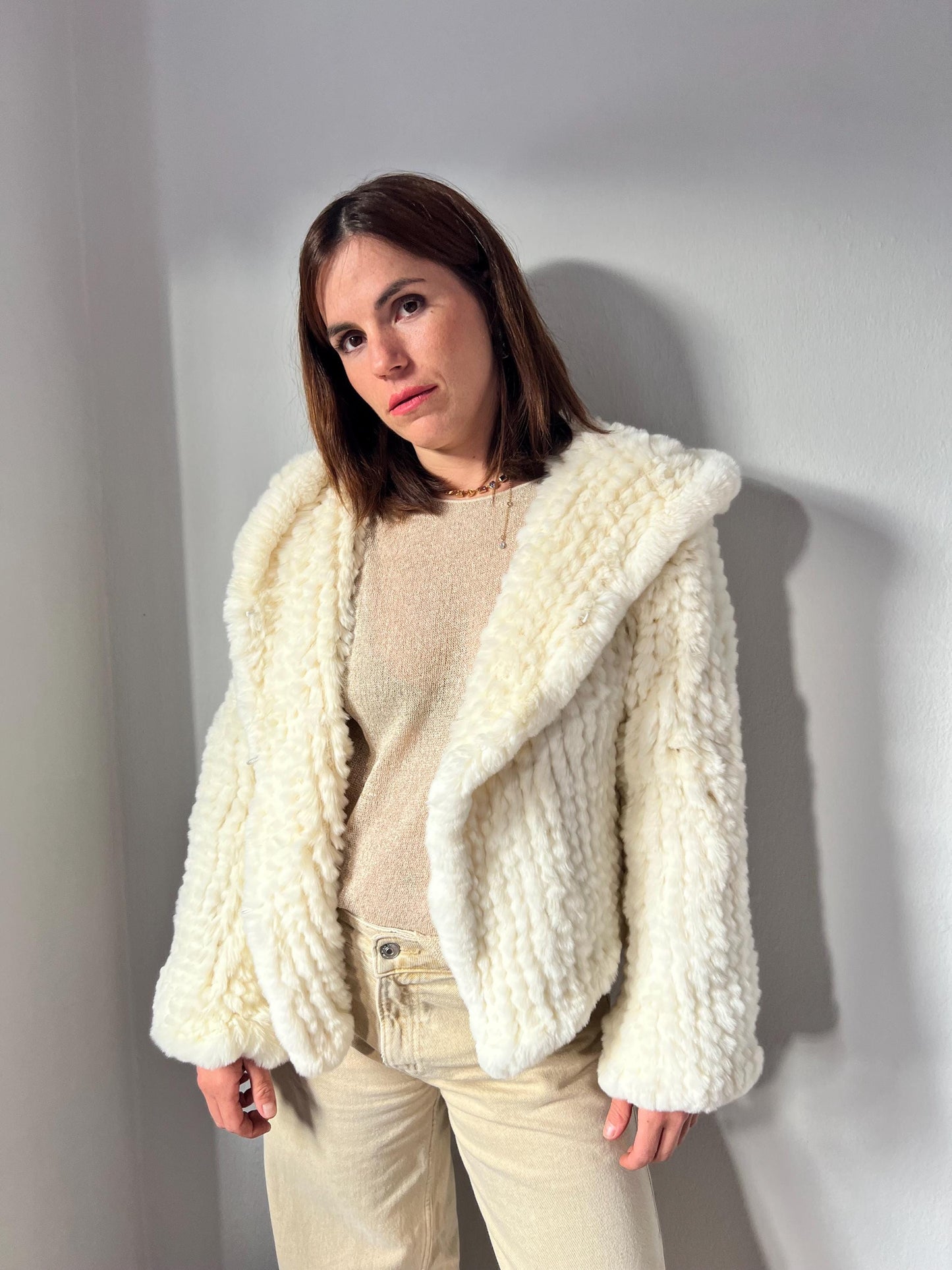 Handwoven Cream Rabbit Fur Hooded Jacket - Frog Closure