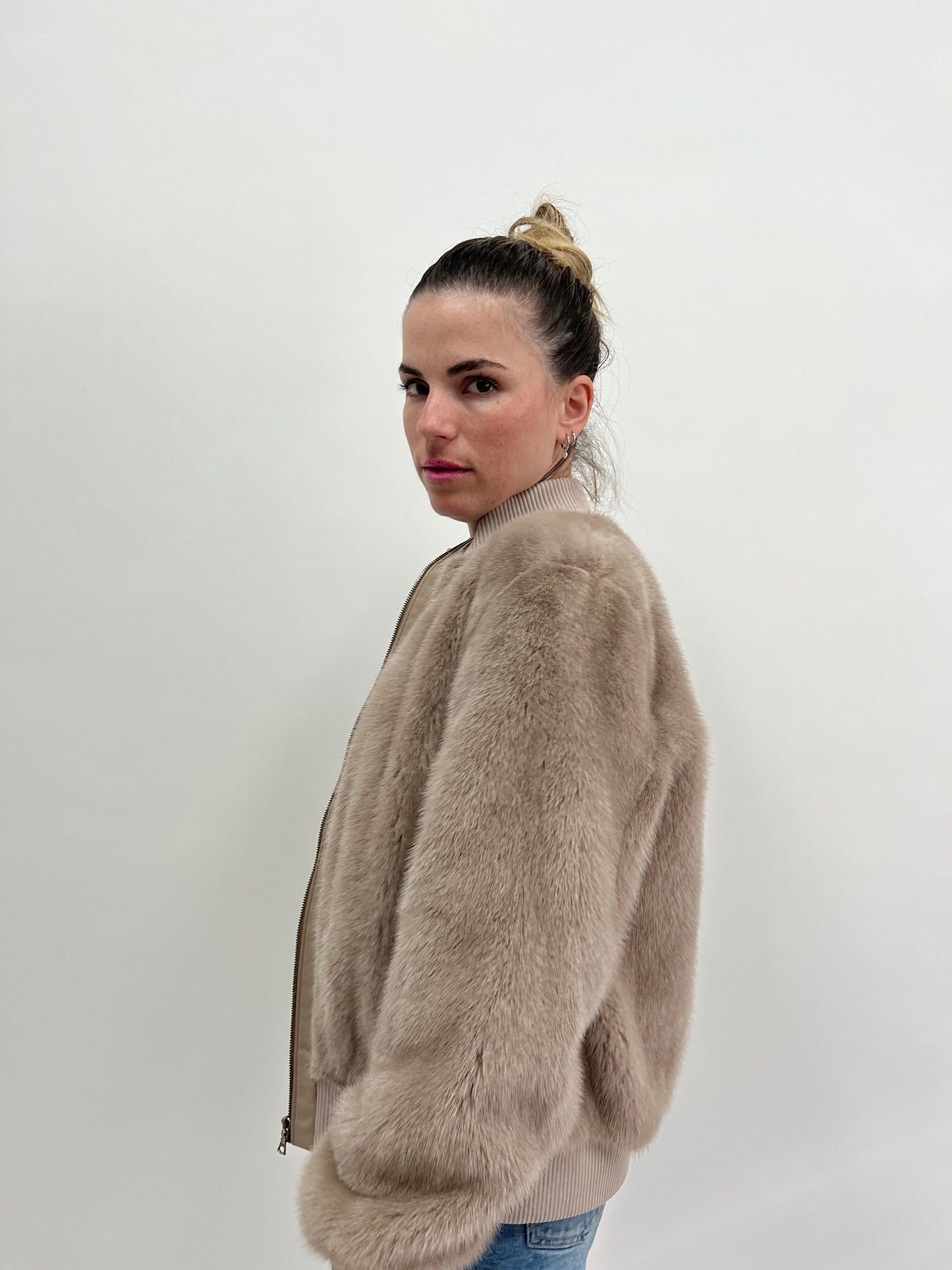 Taupe Mink Fur Bomber Jacket: Knit & Leather, Handmade in Greece