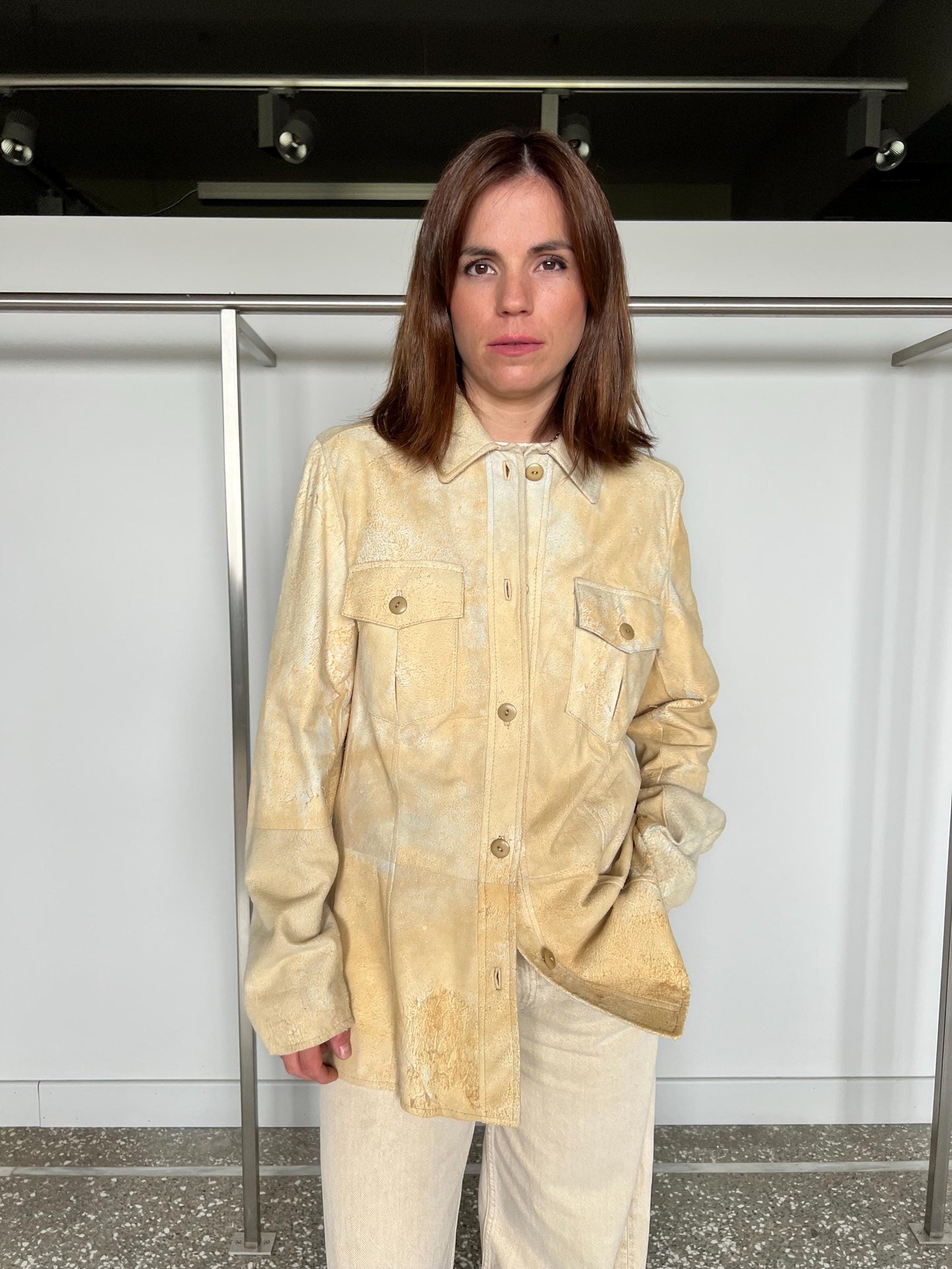 Handmade Beige Suede Leather Distressed Overshirt: Antique Blazer