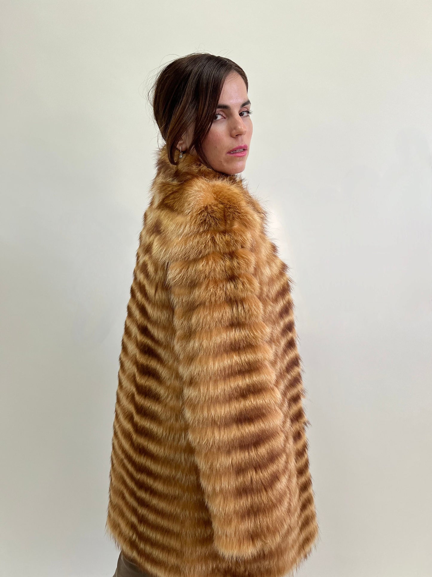 Real Raccoon Fur Coat: Camel Brown Leather Trim