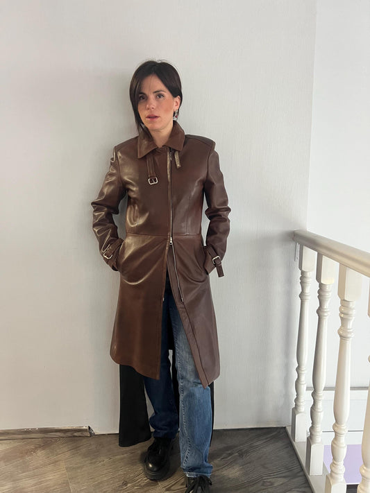 Handmade Nappa Lamb Leather Coat: Buttery Brown Tobacco Duster