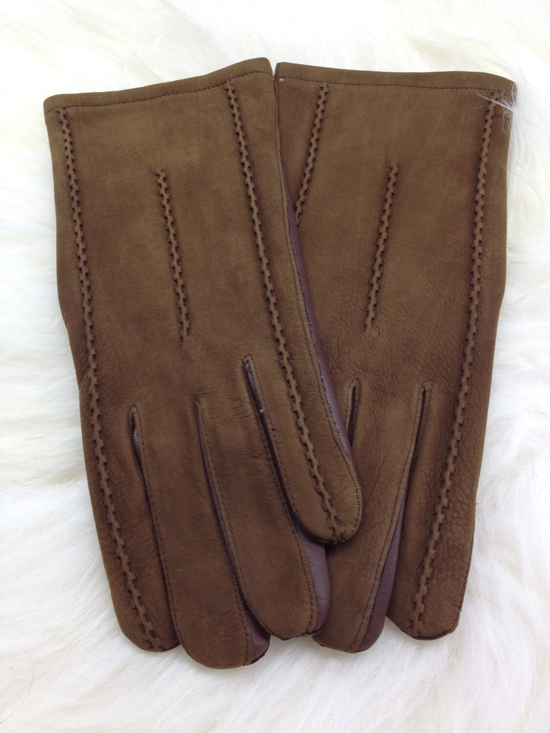 Brown Suede Leather Gloves with Wool Lining