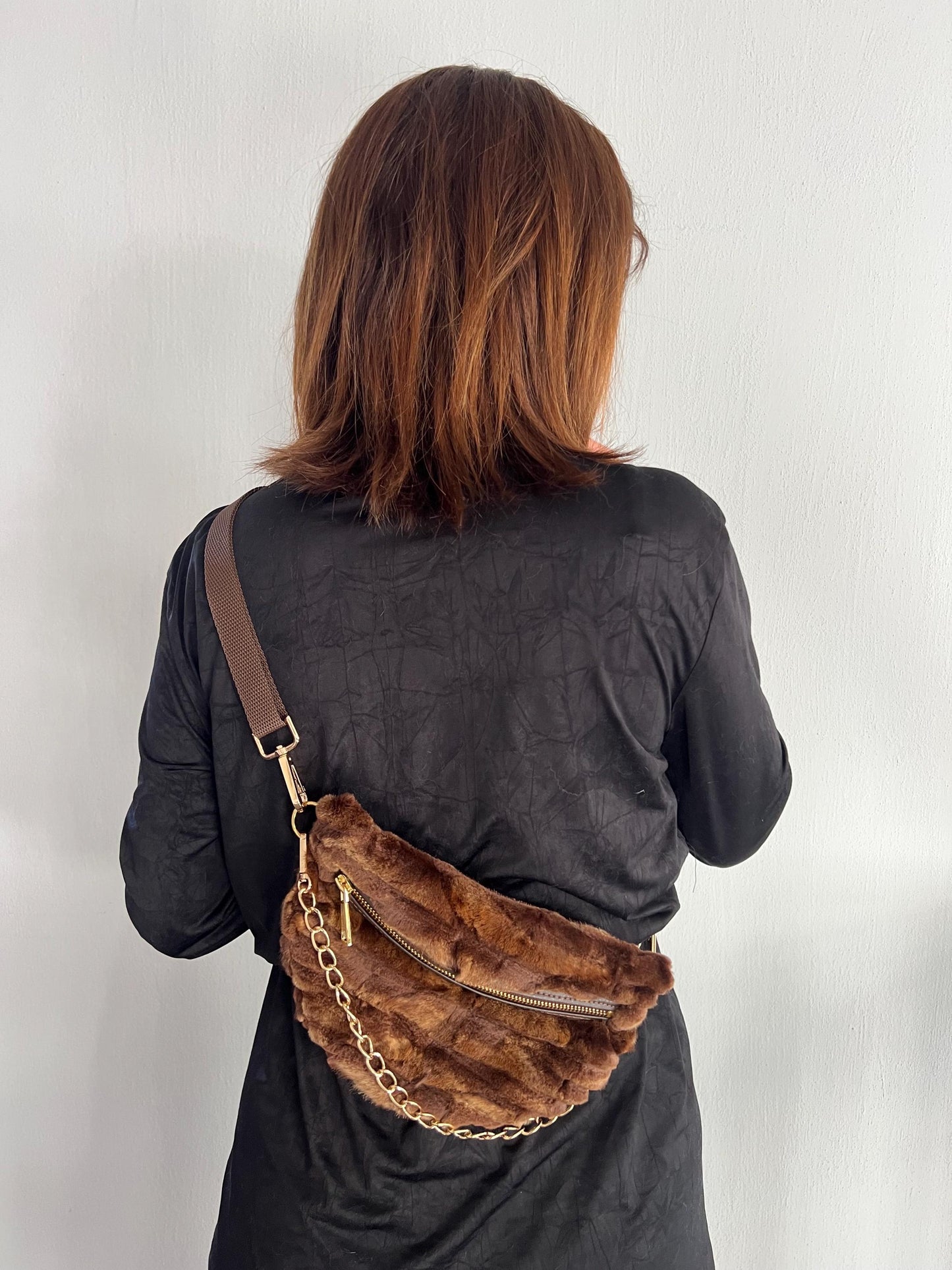 Sheared Mink Fur Bumbag: Beige Marble Fanny Pack with Chain