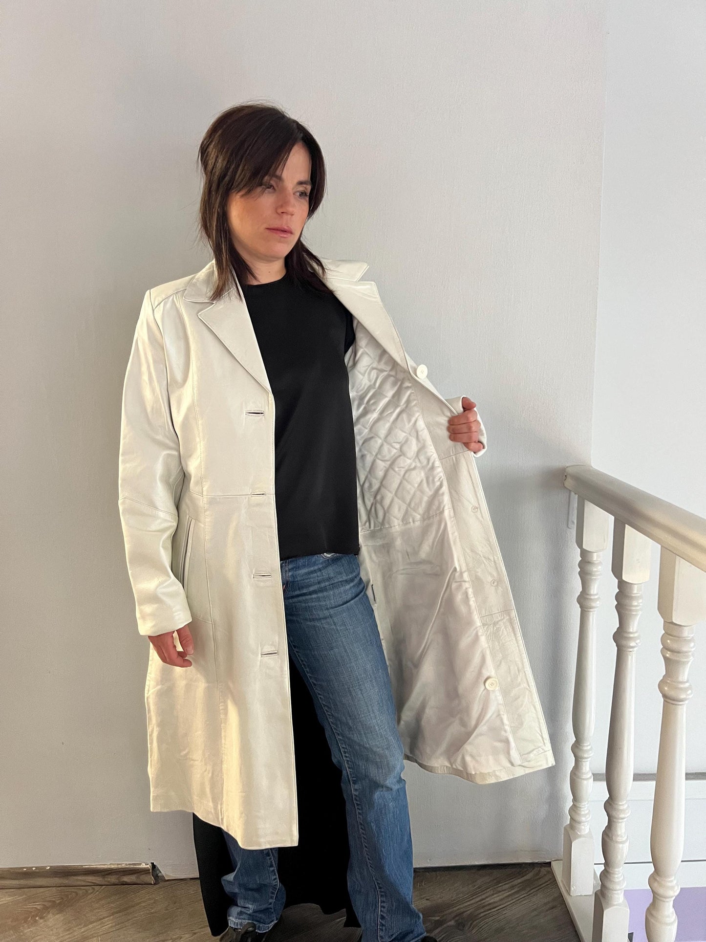 Handmade Nappa Lambskin Leather Coat: White Pearl Button-Down
